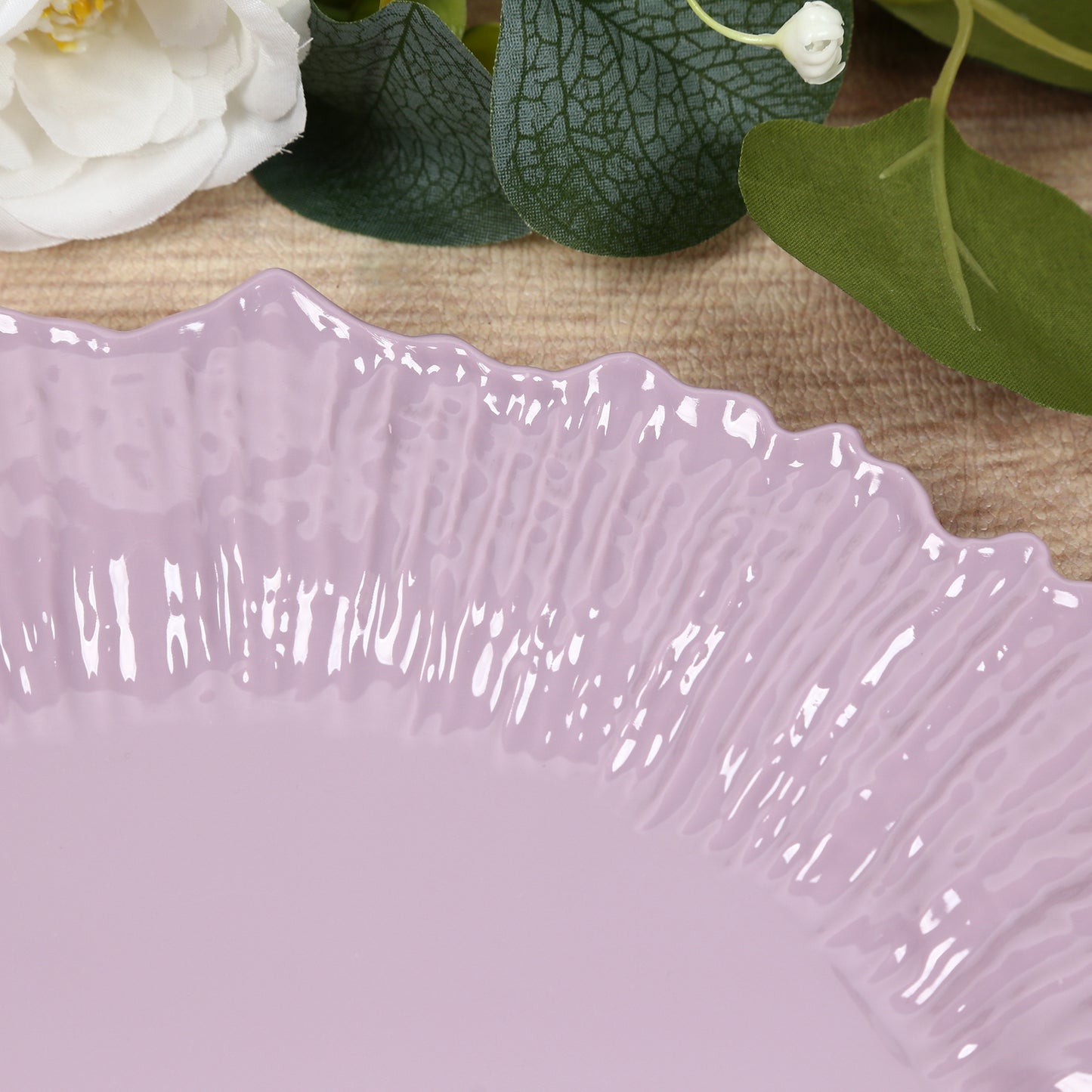 Lavender disposable dinner plate with elegant reef design.