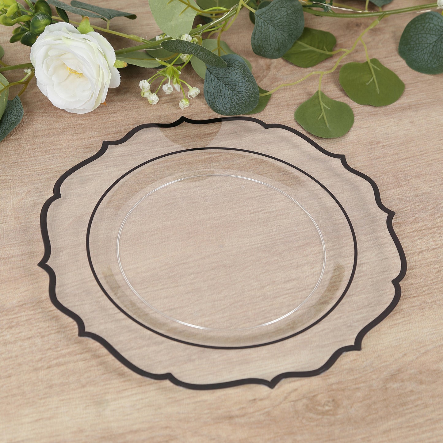 10-Pack Plastic 10" Round Dinner Plates in Clear with Black Scalloped Rim - Disposable Party Plates