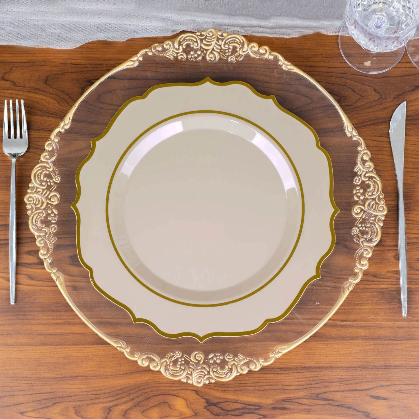 10 Pack | 10" Taupe Gold Plastic Dinner Plates, Disposable Tableware Round With Gold Scalloped Rim