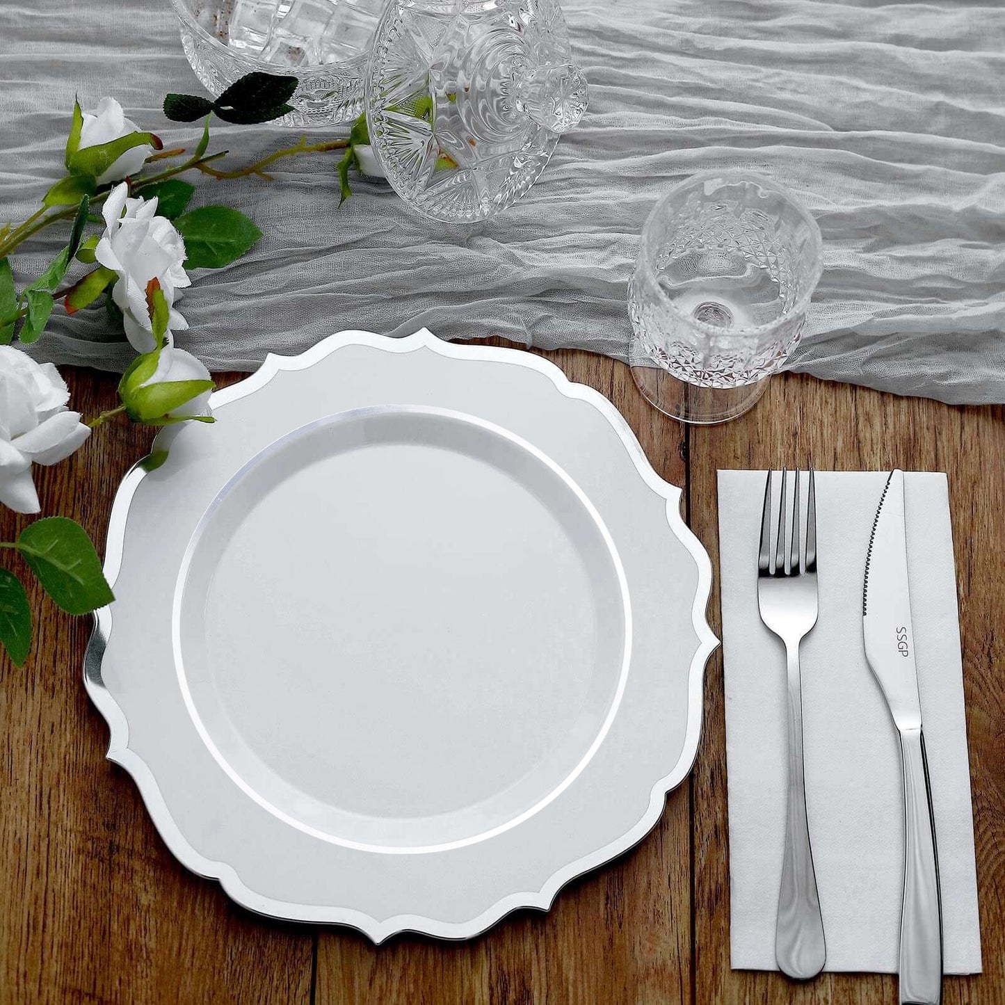 10 Pack | 8" White Plastic Dessert Salad Plates, Disposable Tableware Round With Silver Scalloped Rim