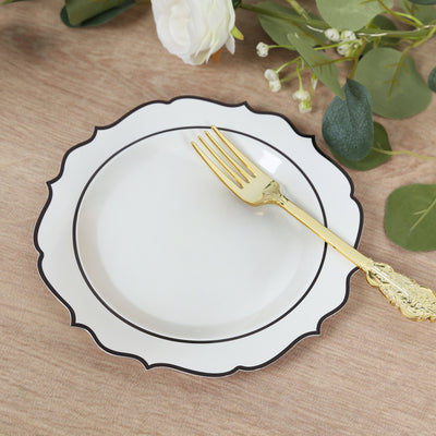 White Plastic Dessert Plates with Bold Black Rim White Plastic Dessert Plates with Bold Black Rim