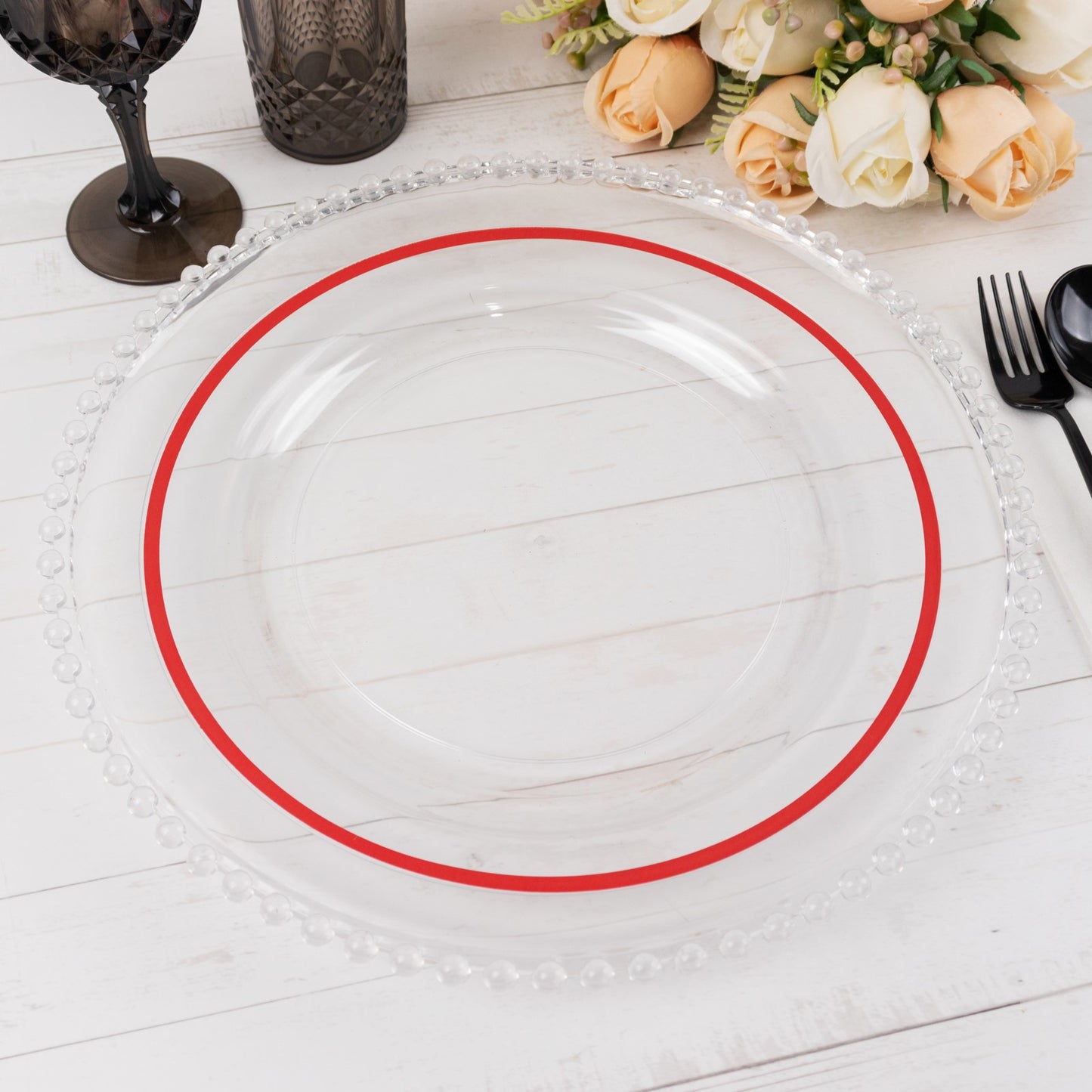 10 Pack Clear Regal Disposable Party Plates With Red Rim, 10" Round Plastic Dinner Plates