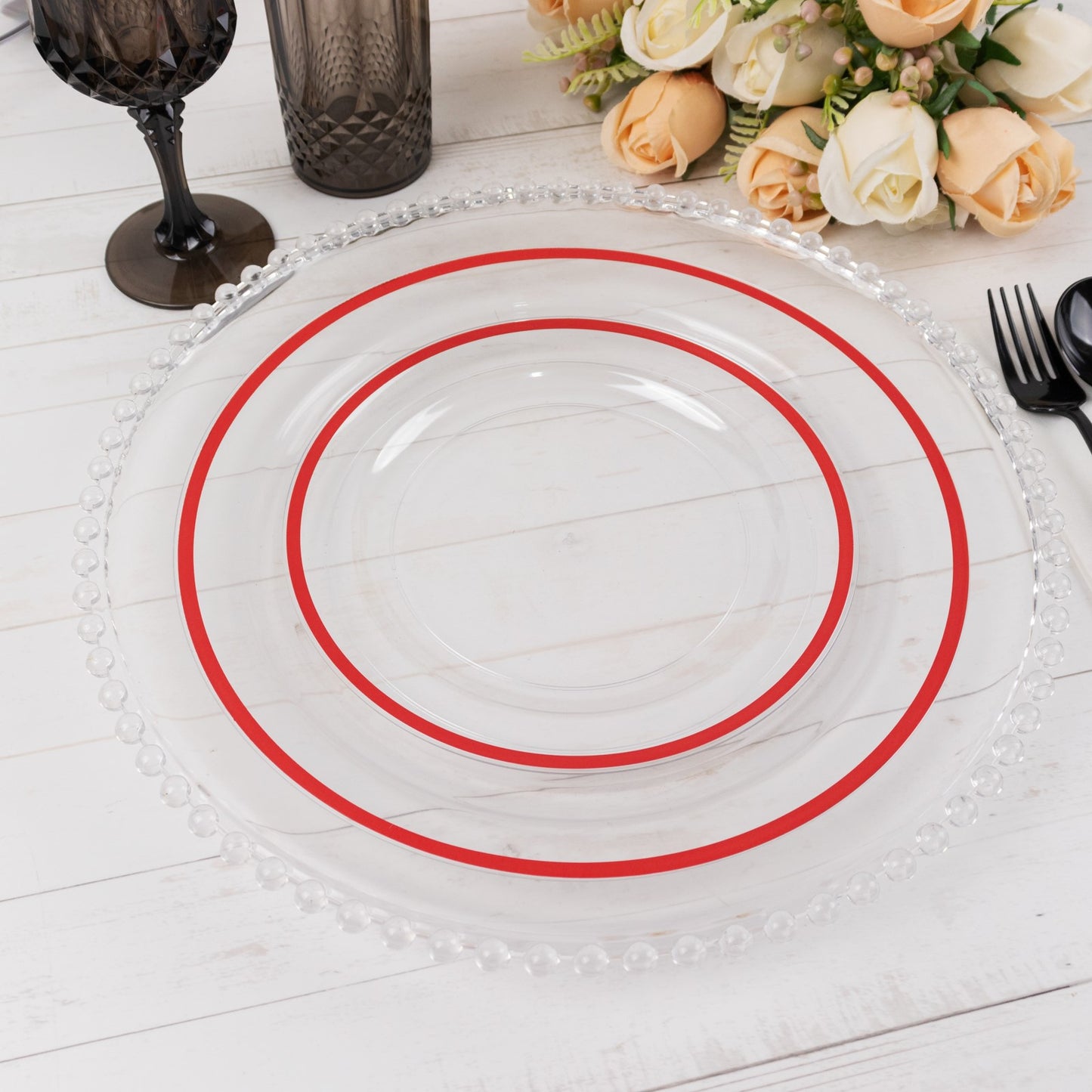 Clear salad plates with red rim, 7" round disposable appetizer plates.