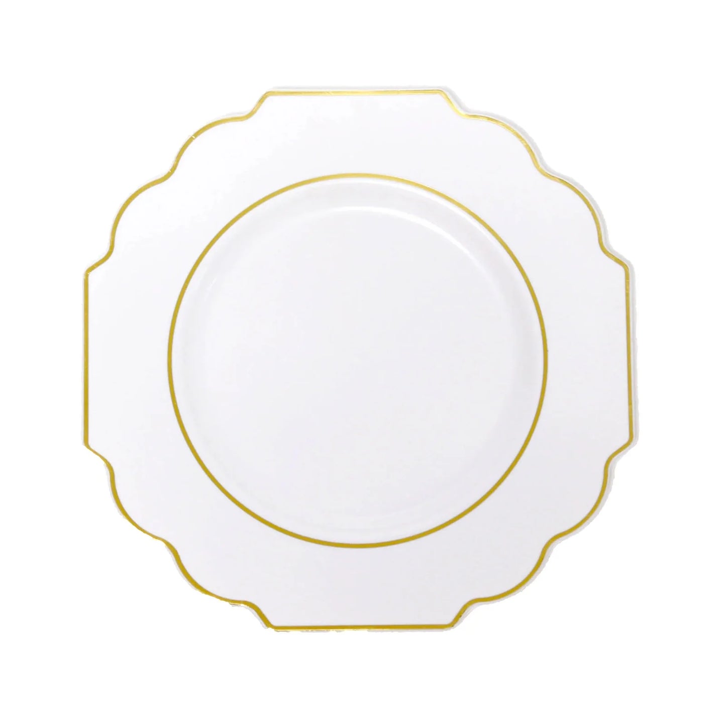 White dessert salad plate with gold rim, heavy duty disposable tableware.