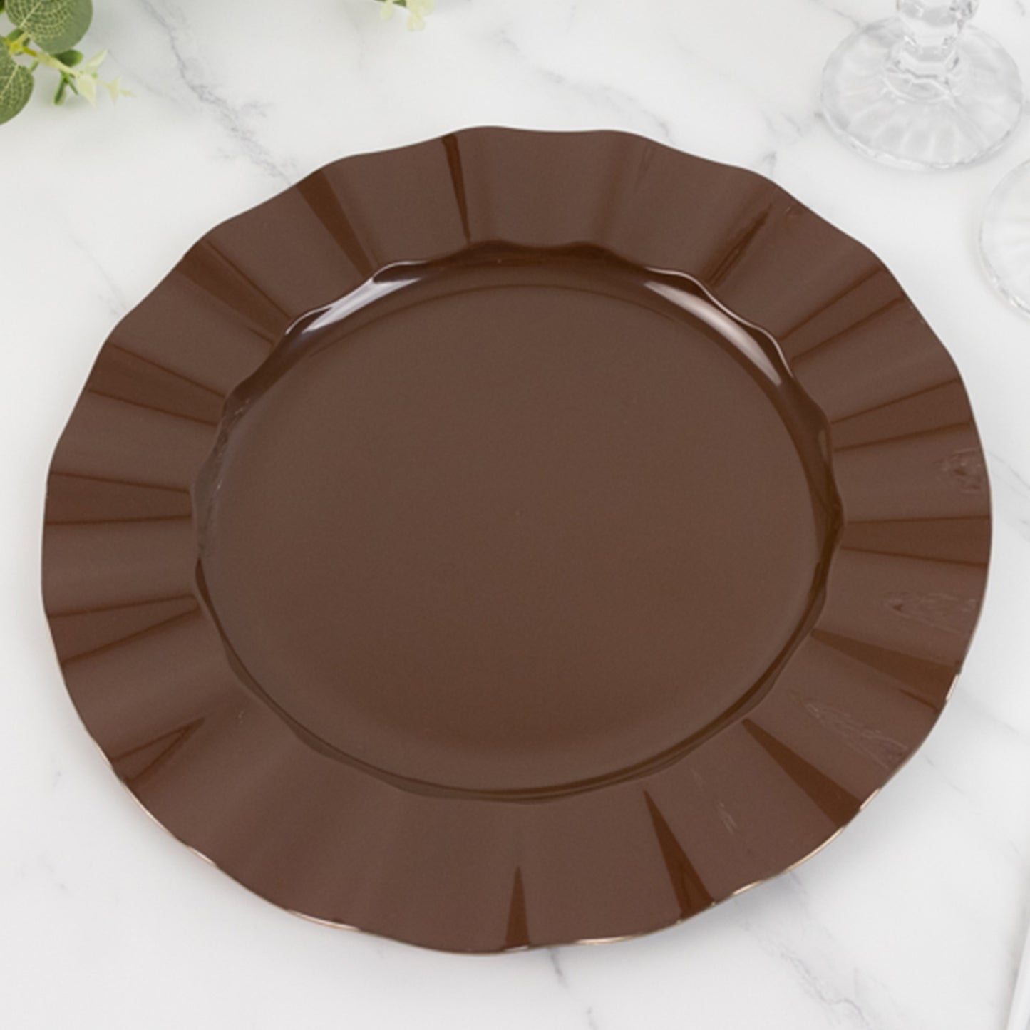 Cinnamon brown heavy duty disposable dinner plate with gold ruffled rim.