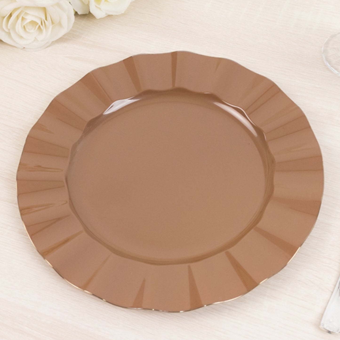 10 Pack 11" Heavy Duty Large Disposable Dinner Plates with Gold Ruffled Rim, Coffee Brown Hard Plastic Disposable Round Dinnerware