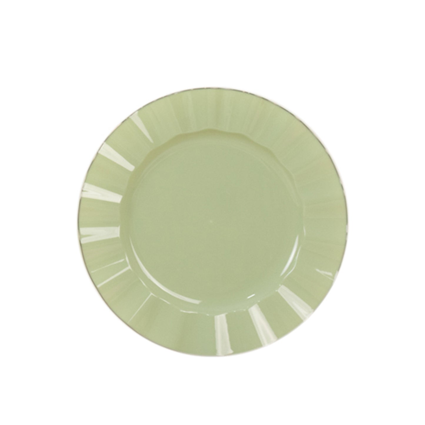 10 Pack 11" Sage Green Disposable Dinner Plates With Gold Ruffled Rim, Round Plastic Party Plates