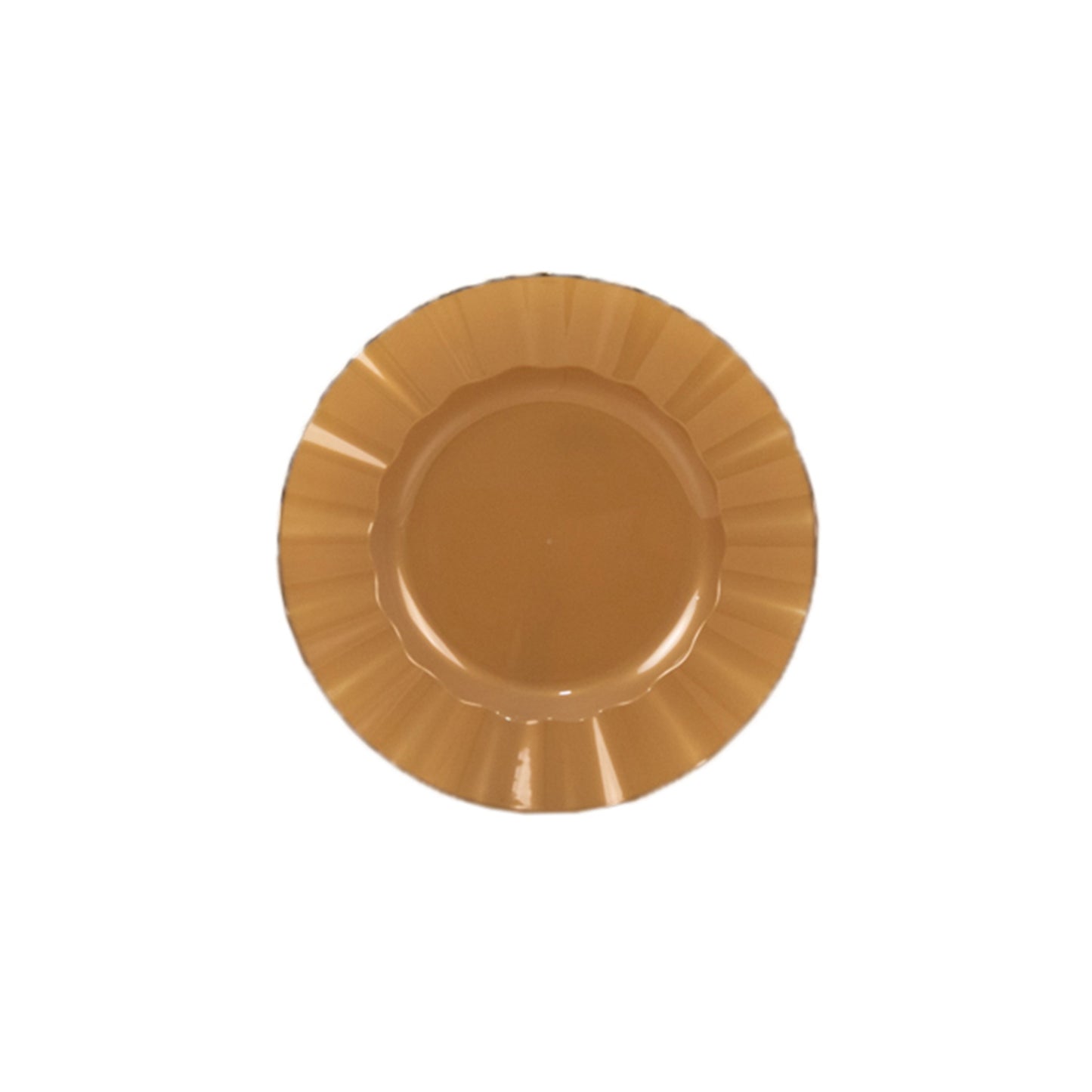 Gold disposable dinner plate with ruffled rim, heavy duty, hard plastic.