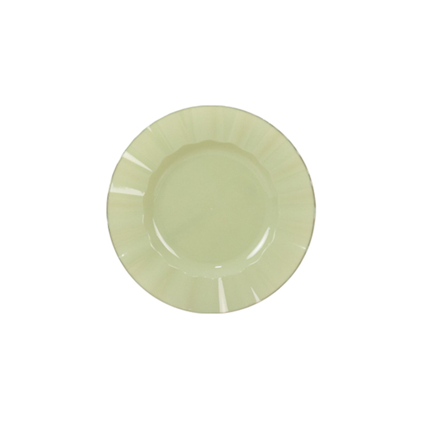 Sage green heavy duty disposable dinner plate with gold ruffled rim.