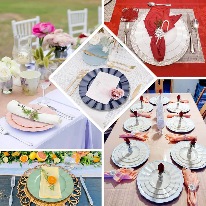 Blush hard plastic dinner plates with gold ruffled rim, heavy duty disposable.