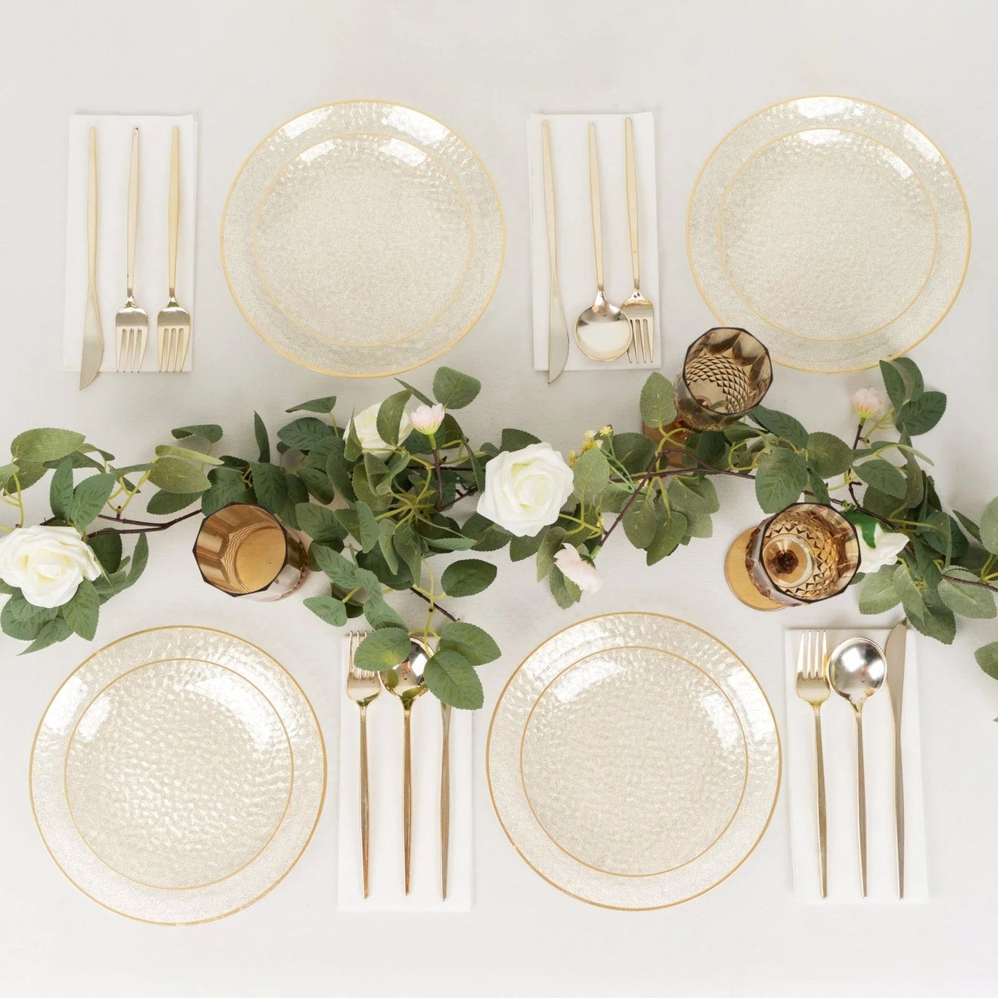 10 Pack Gold Glitter Clear Hammered Disposable Party Plates, 9" Round Plastic Dinner Plates With Gold Rim