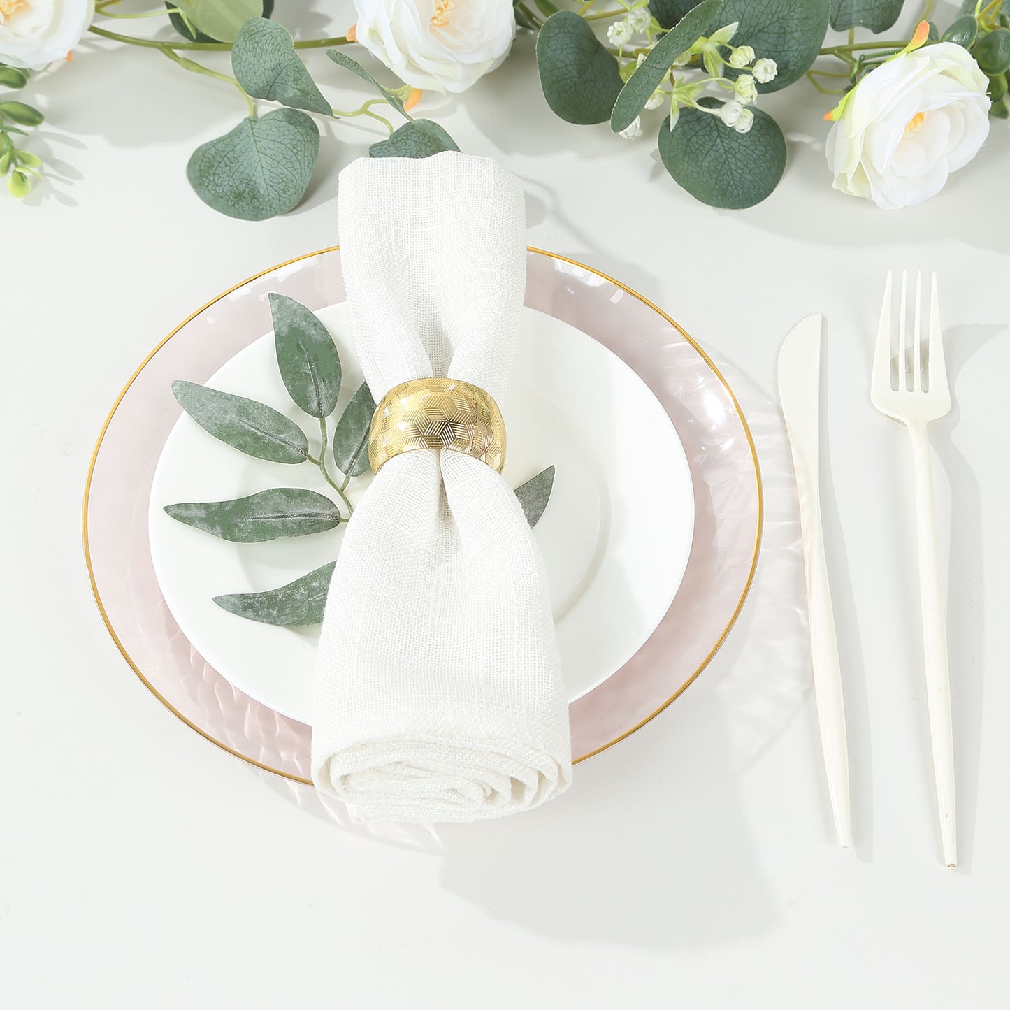 10 Pack Transparent Blush Hammered Plastic Party Plates With Gold Rim, 9" Round Disposable Dinner Plates