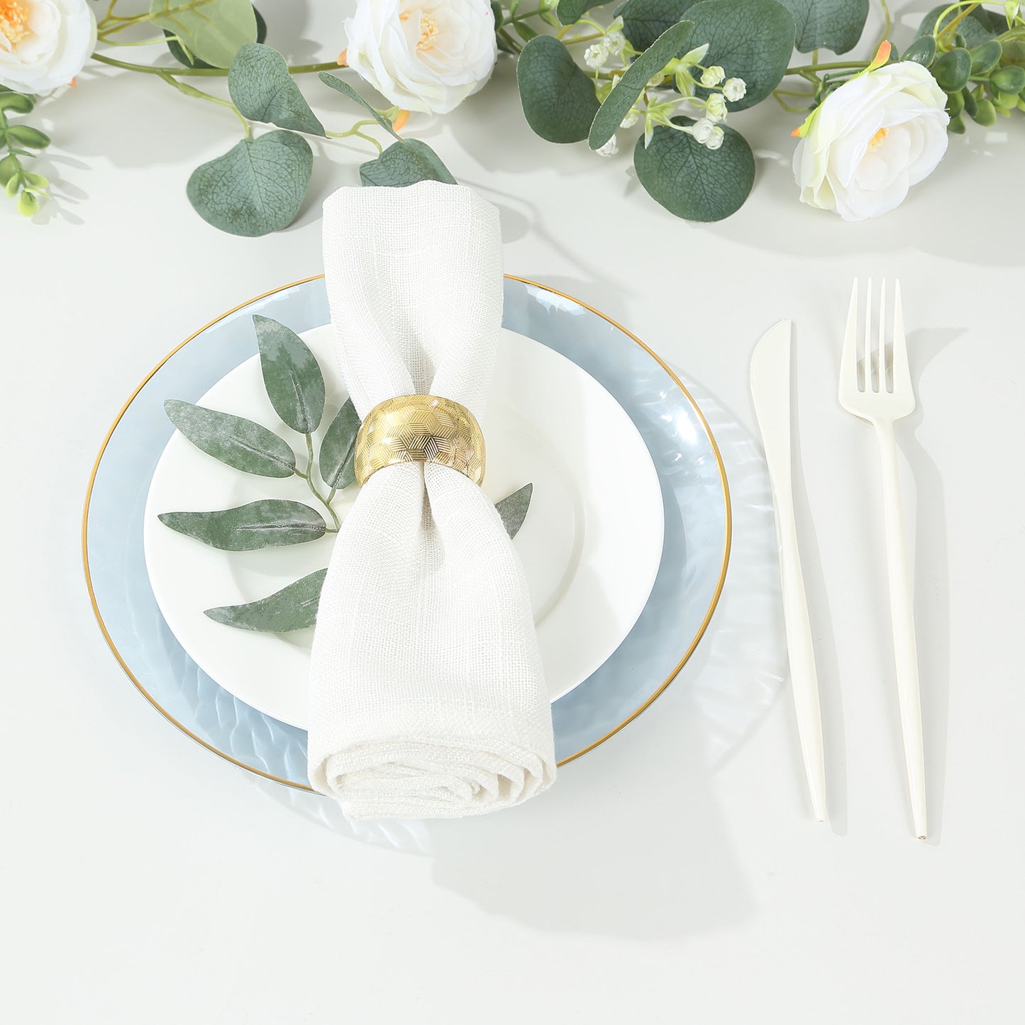 10 Pack Transparent Dusty Blue Hammered Plastic Party Plates With Gold Rim, 9" Round Disposable Dinner Plates