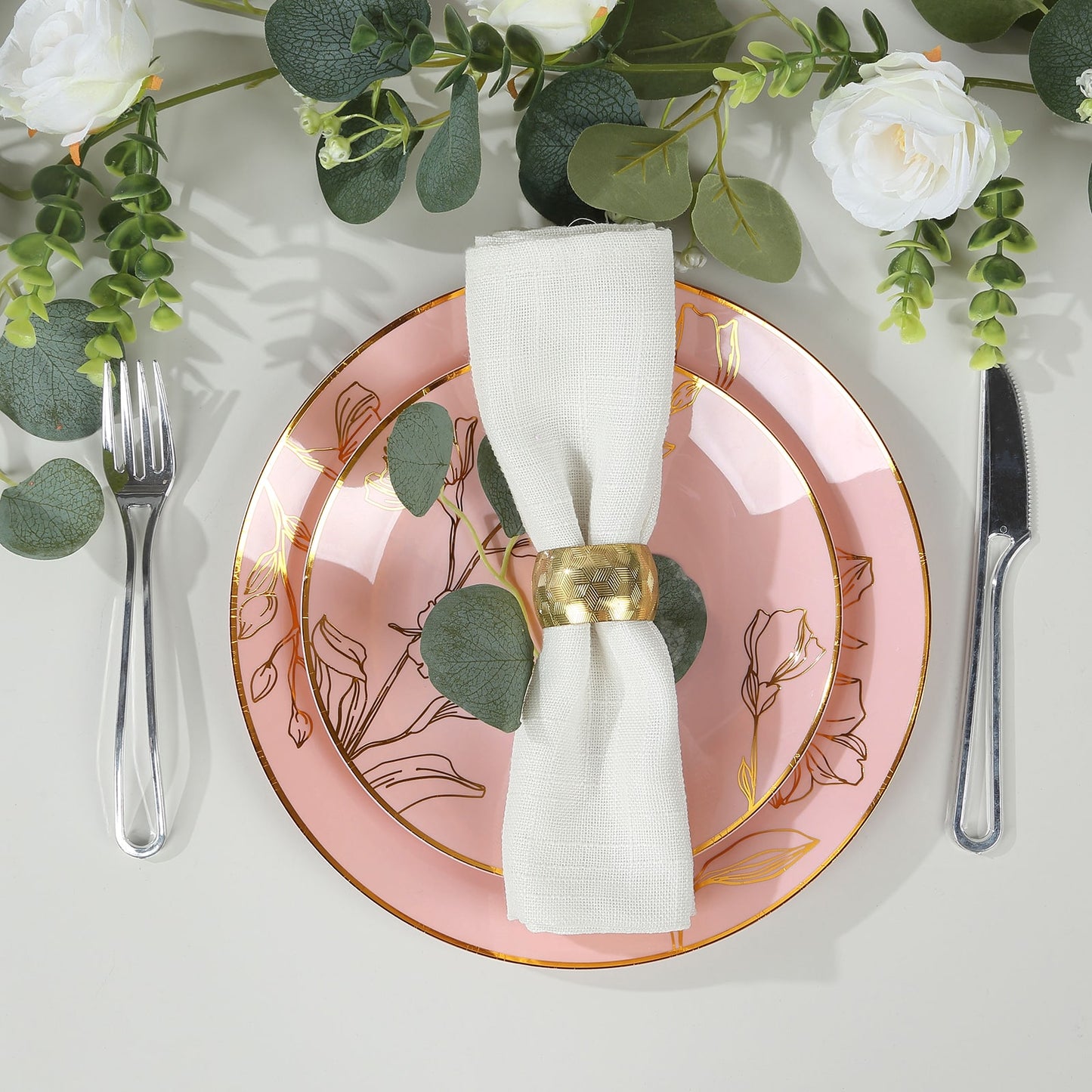 Set of 20 Dusty Rose Plastic Dinner Dessert Plates With Metallic Gold Floral Design, Disposable Round Party Plates - 8",10"
