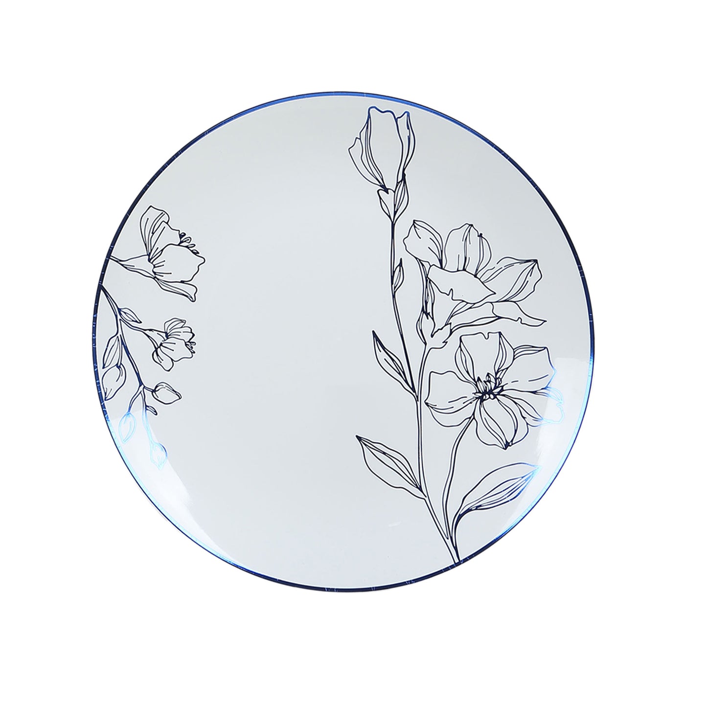 Set of 20 White Plastic Dinner Dessert Plates With Metallic Blue Floral Design, Disposable Round Party Plates - 8",10"