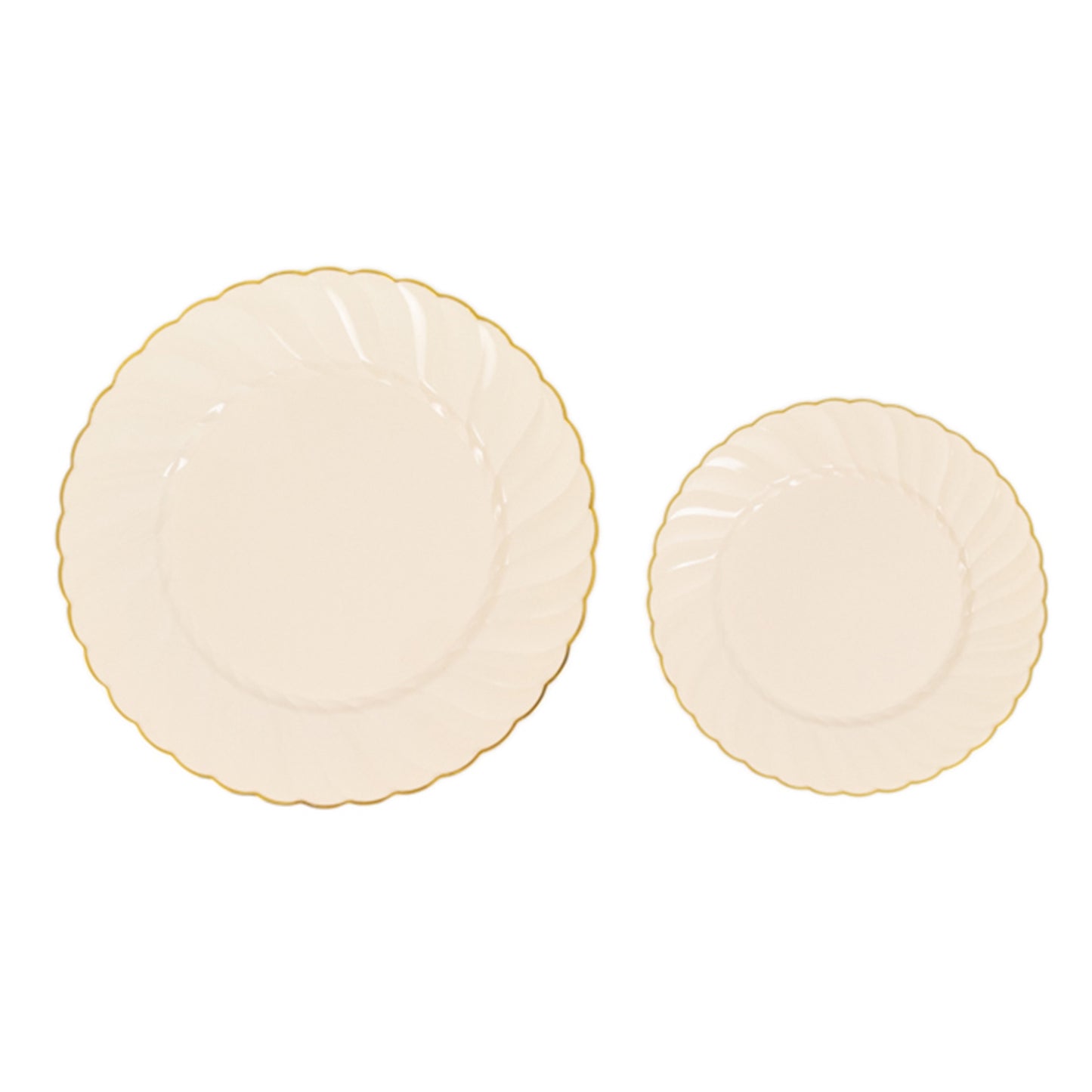 10 Pack | 10" Ivory / Gold Flair Rim Plastic Dinner Plates, Round Disposable Party Plates