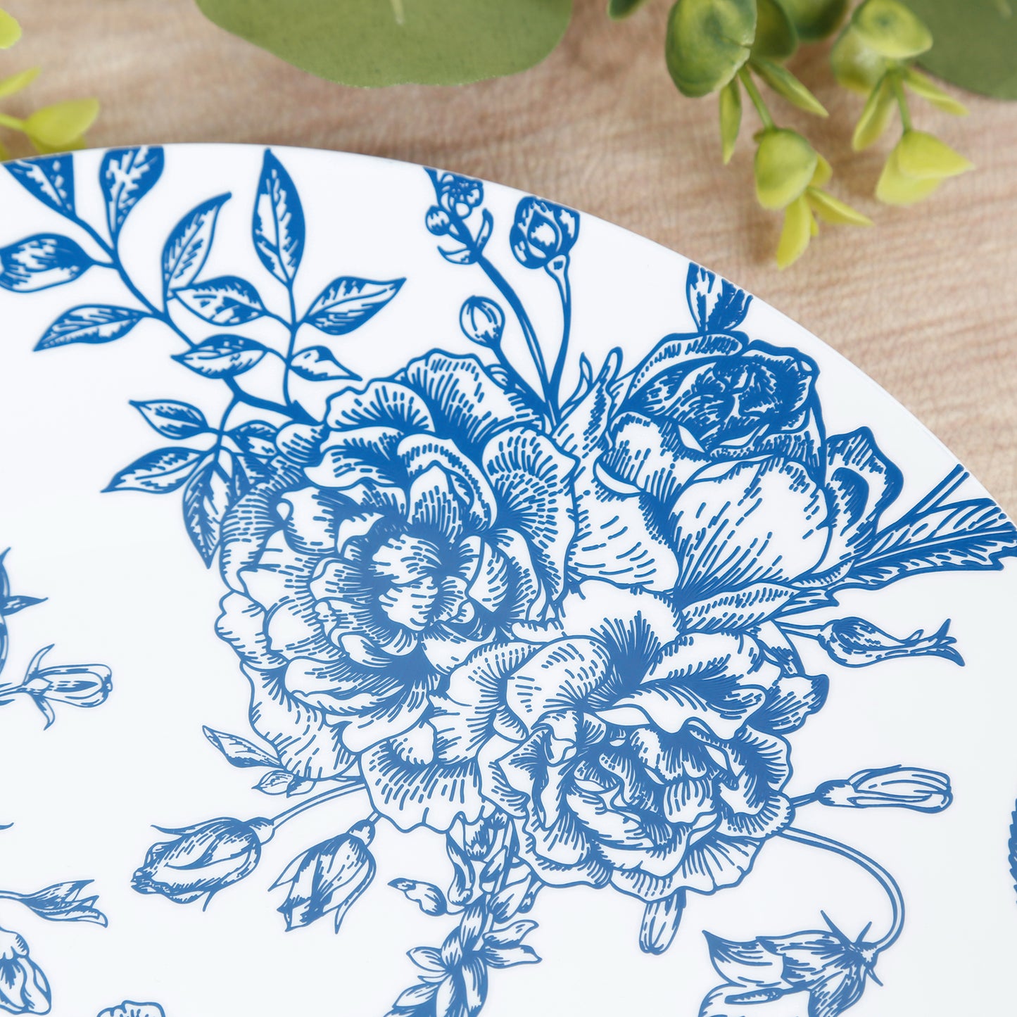 10-Pack French Toile Plastic Party Plates – Blue & White Floral, 10" Round Disposable Dinner Plates