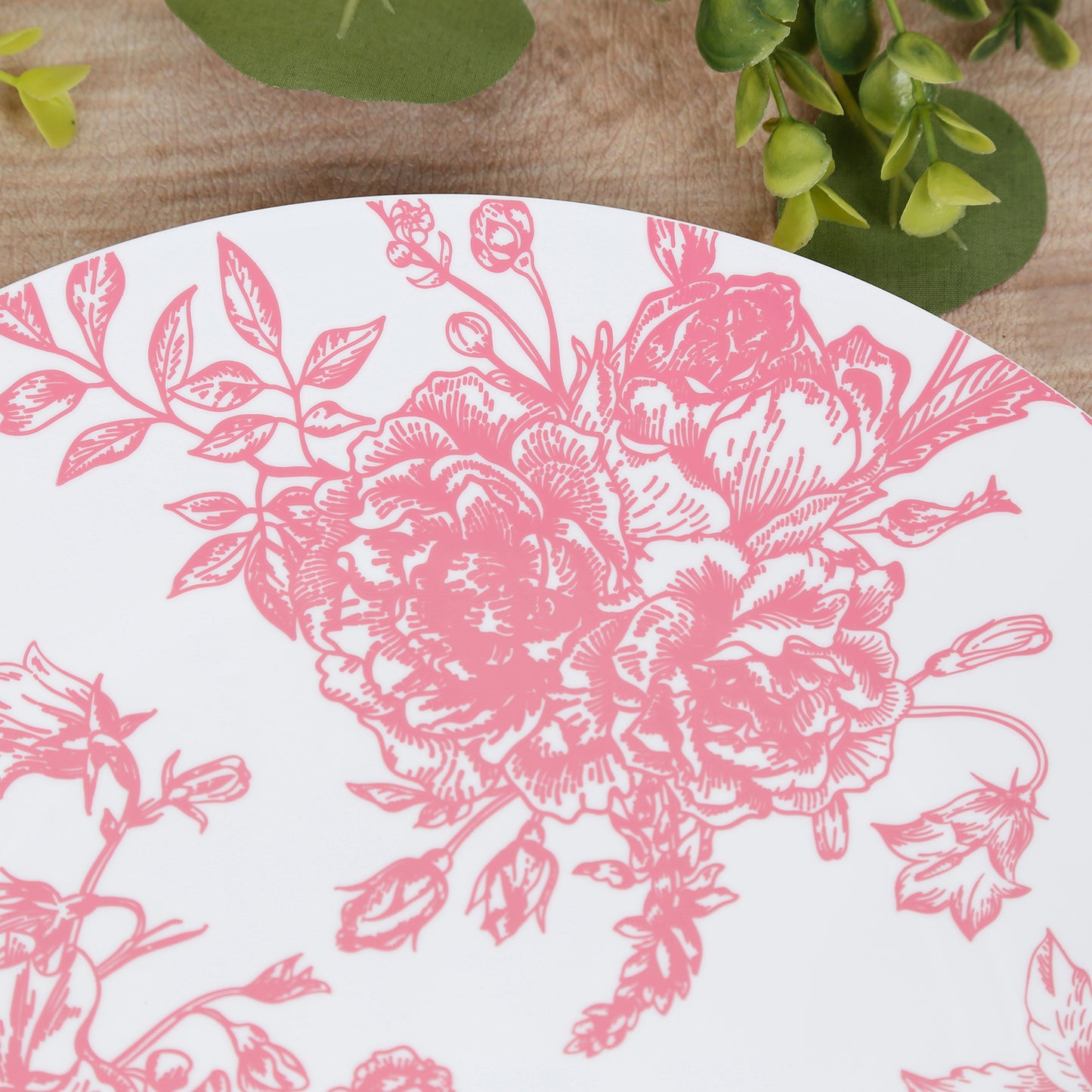 10-Pack French Toile Plastic Party Plates – Pink & White Floral, 10" Round Disposable Dinner Plates