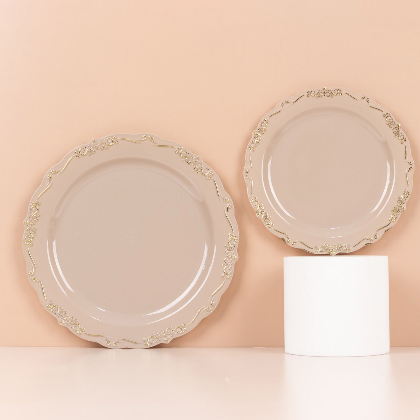 Taupe disposable dinner plates with gold vintage rim, embossed scalloped edges.