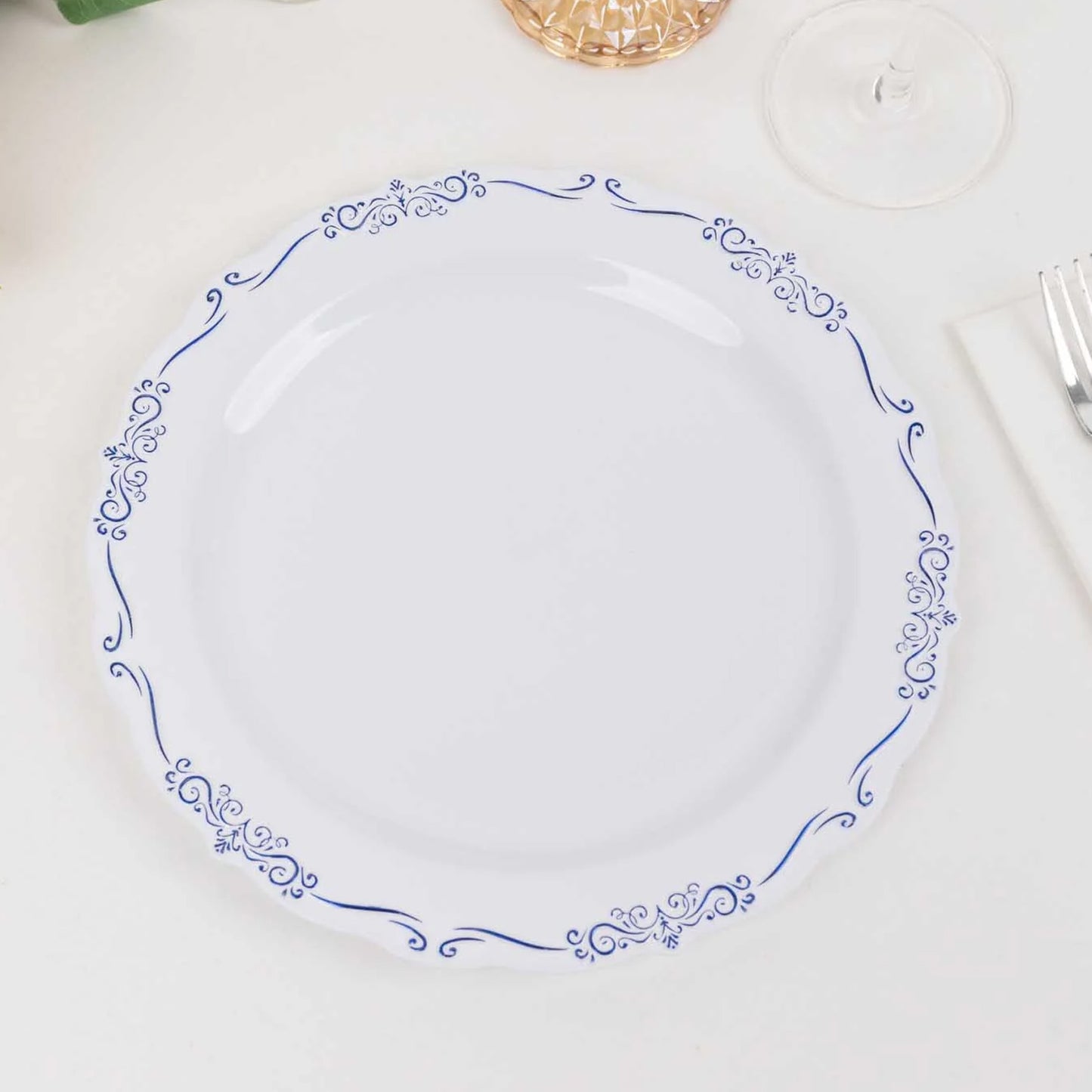 10 Pack White Blue Vintage Rim Disposable Party Plates Embossed Scalloped Edges, 10" Round Hard Plastic Dinner Plates