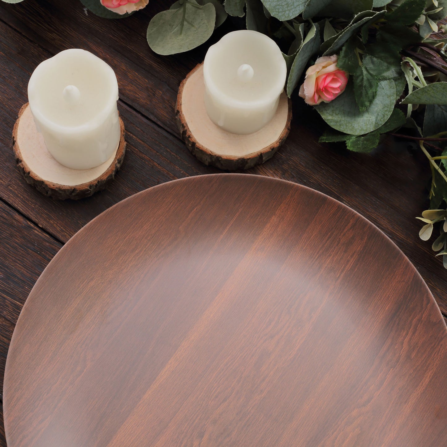 Rustic brown shatterproof melamine dinner plate on a wooden table.