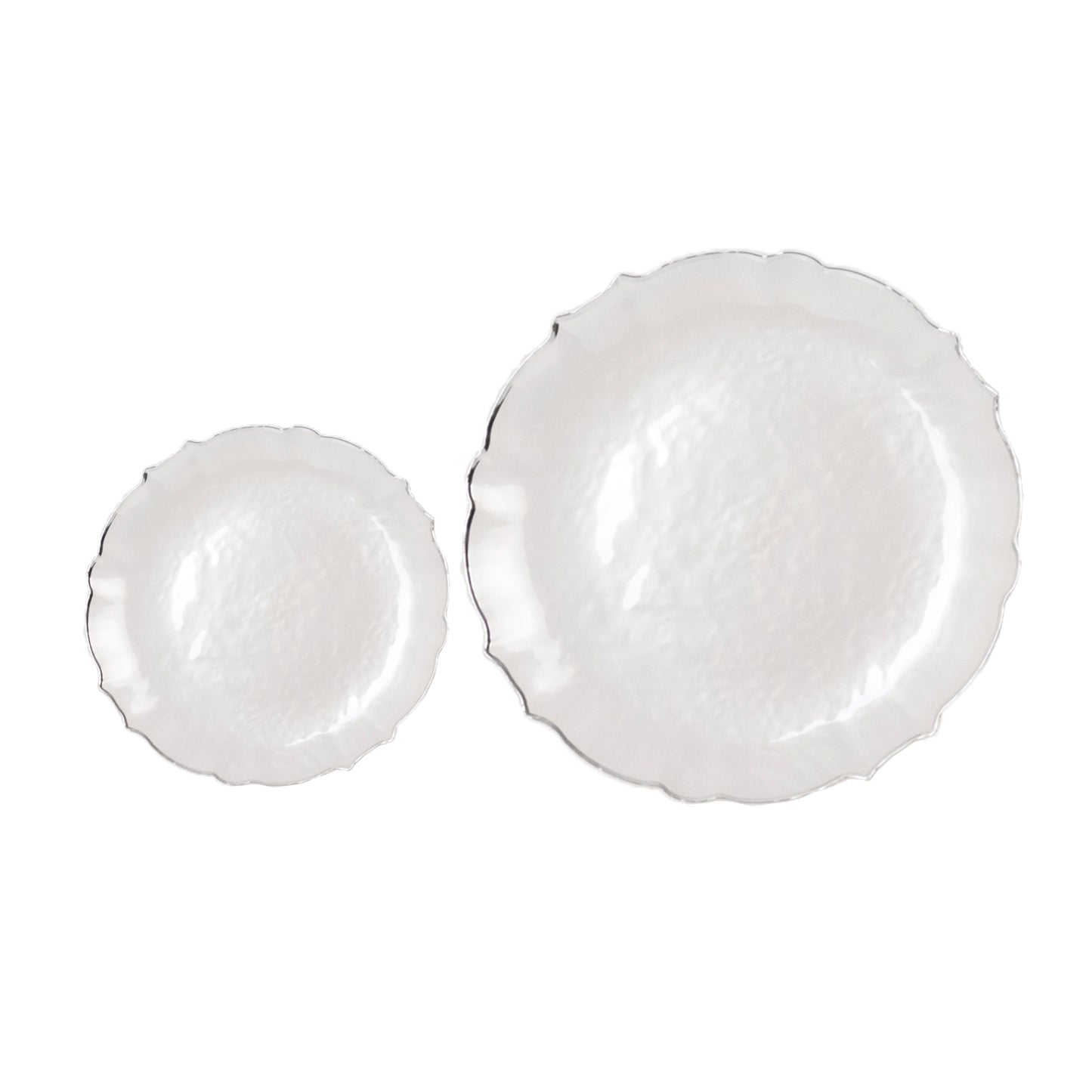 10-Pack Plastic 7" Round Dessert Appetizer Plates in Pearl White Sunflower with Silver Scalloped Rim - Disposable Salad Plates for Classy Events & Banquets