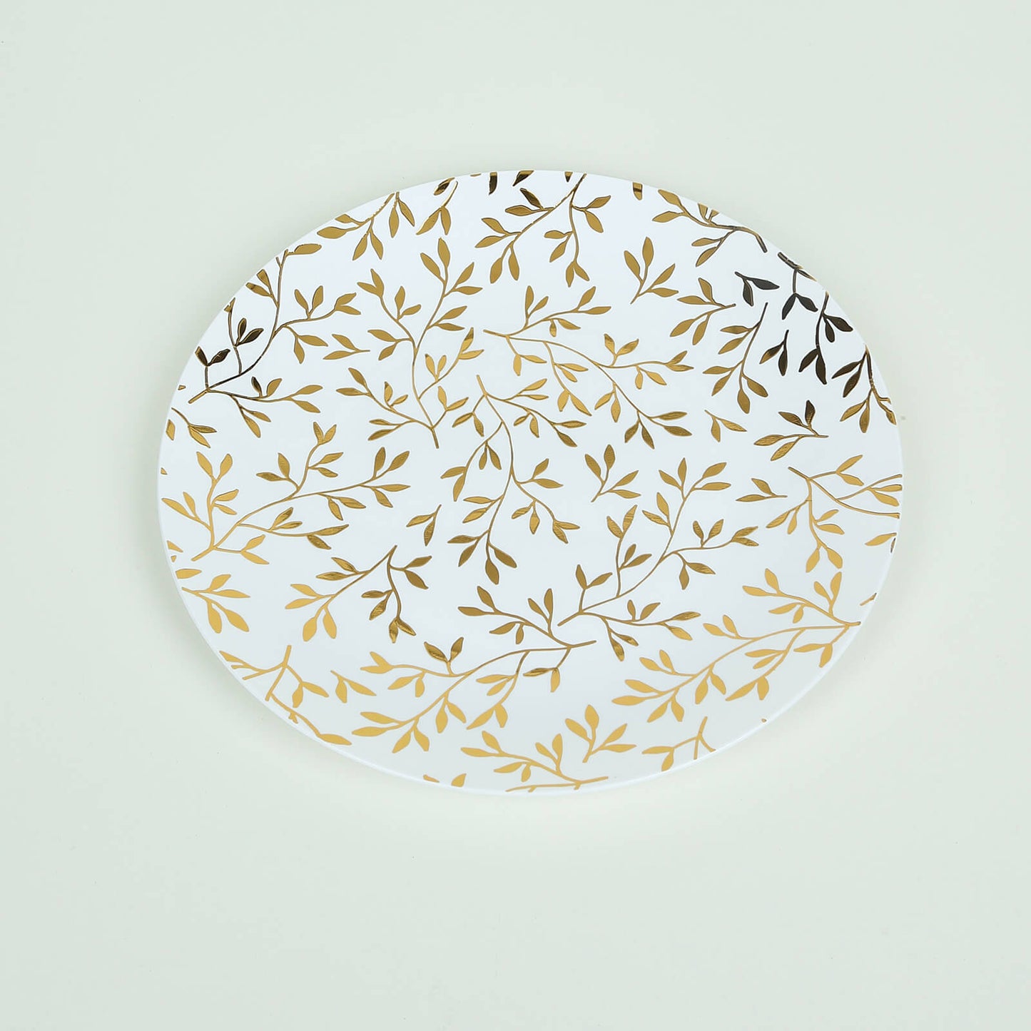 White round plastic dessert plate with gold leaf design, 8" heavy duty.