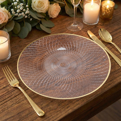 Clear Diamond-Cut Gold Rim Dinner Plates for Event Tables Clear Diamond-Cut Gold Rim Dinner Plates for Event Tables