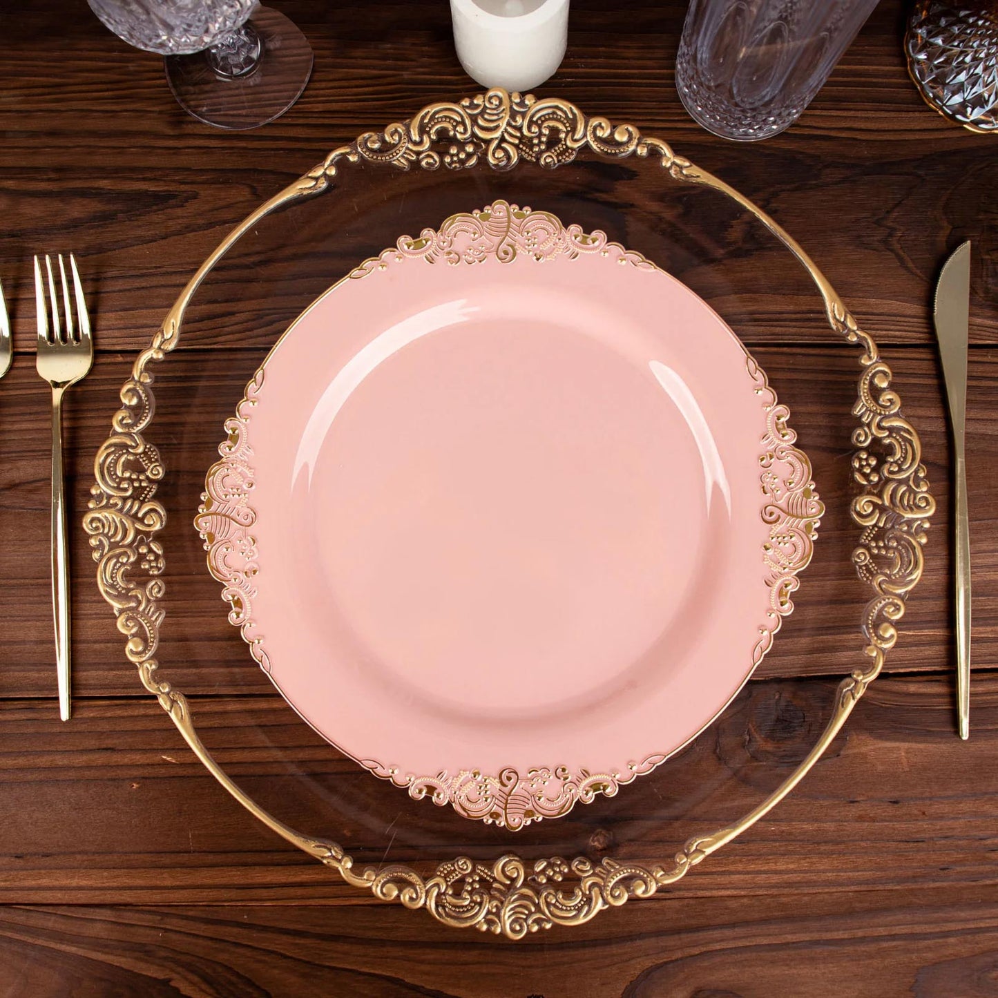 10 Pack 10" Dusty Rose Plastic Party Plates With Gold Leaf Embossed Baroque Rim, Round Disposable Dinner Plates