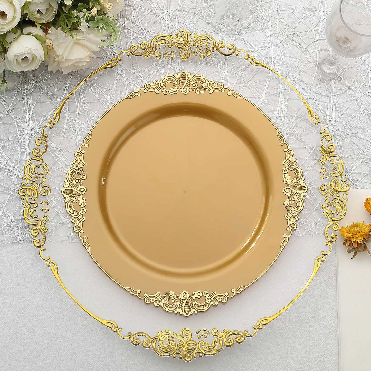 10 Pack 10" Gold Plastic Party Plates With Leaf Embossed Baroque Rim, Round Disposable Dinner Plates
