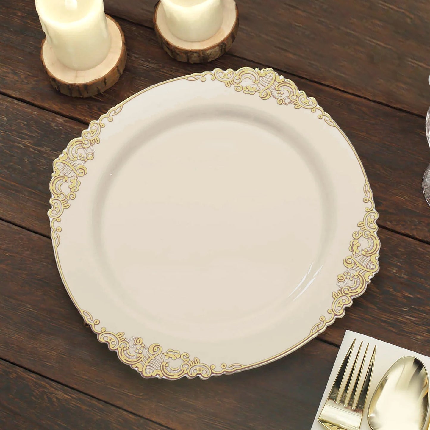 10 Pack 10" Ivory Plastic Party Plates With Gold Leaf Embossed Baroque Rim, Round Disposable Dinner Plates