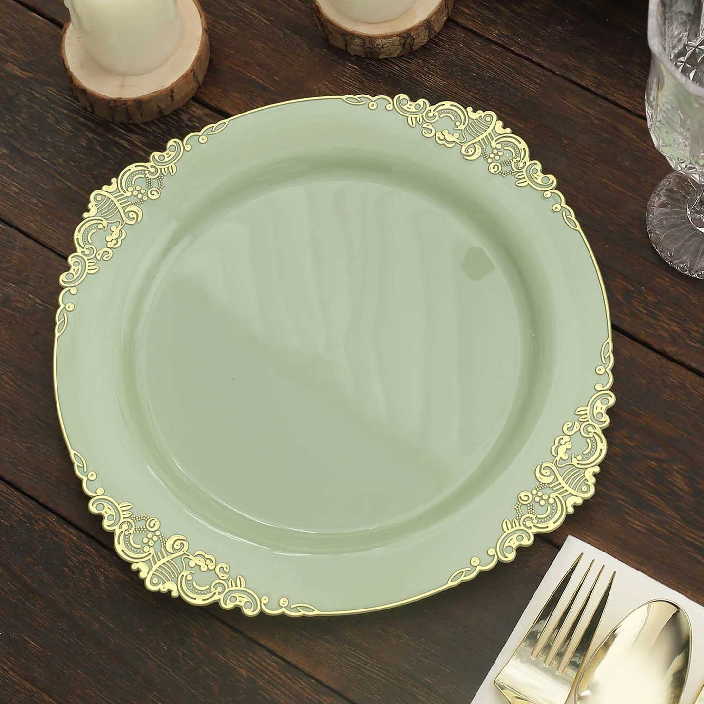 10 Pack 10" Sage Green Plastic Party Plates With Gold Leaf Embossed Baroque Rim, Round Disposable Dinner Plates