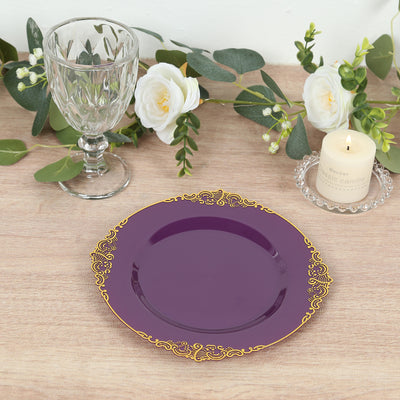 Elegant Purple Plastic Round Dessert Plates with Gold Leaf Embossed Rim Elegant Purple Plastic Round Dessert Plates with Gold Leaf Embossed Rim