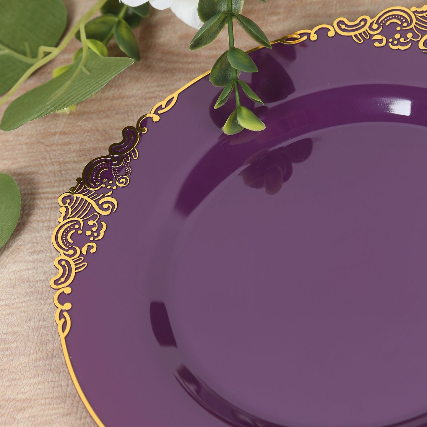 10-Pack Plastic 8" Round Dessert Plates in Purple with Gold Leaf Embossed Rim - Disposable Vintage Baroque Style Salad Plates