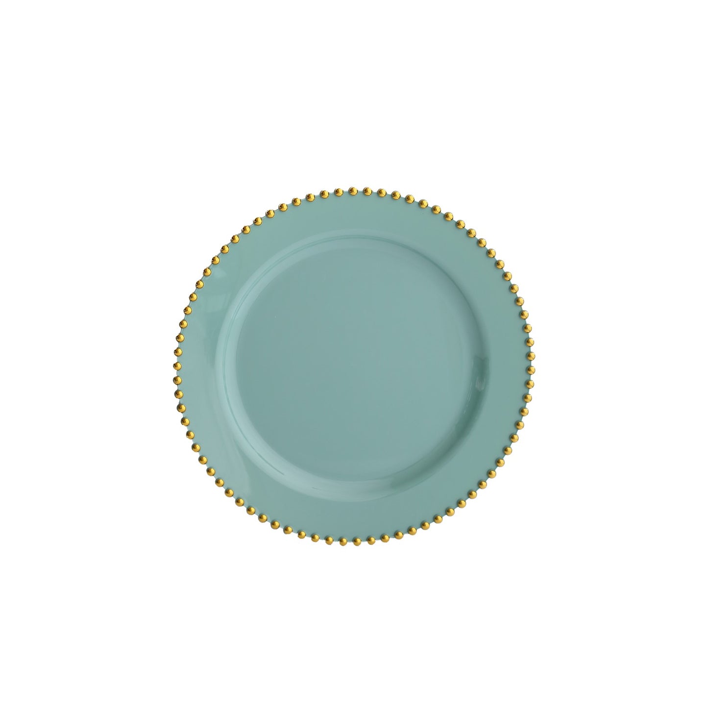 Dusty sage green round dinner plate with a gold beaded rim.