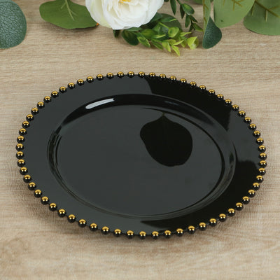 Gold Beaded Rim Black Plastic Dinner Plates, 10" Gold Beaded Rim Black Plastic Dinner Plates, 10"