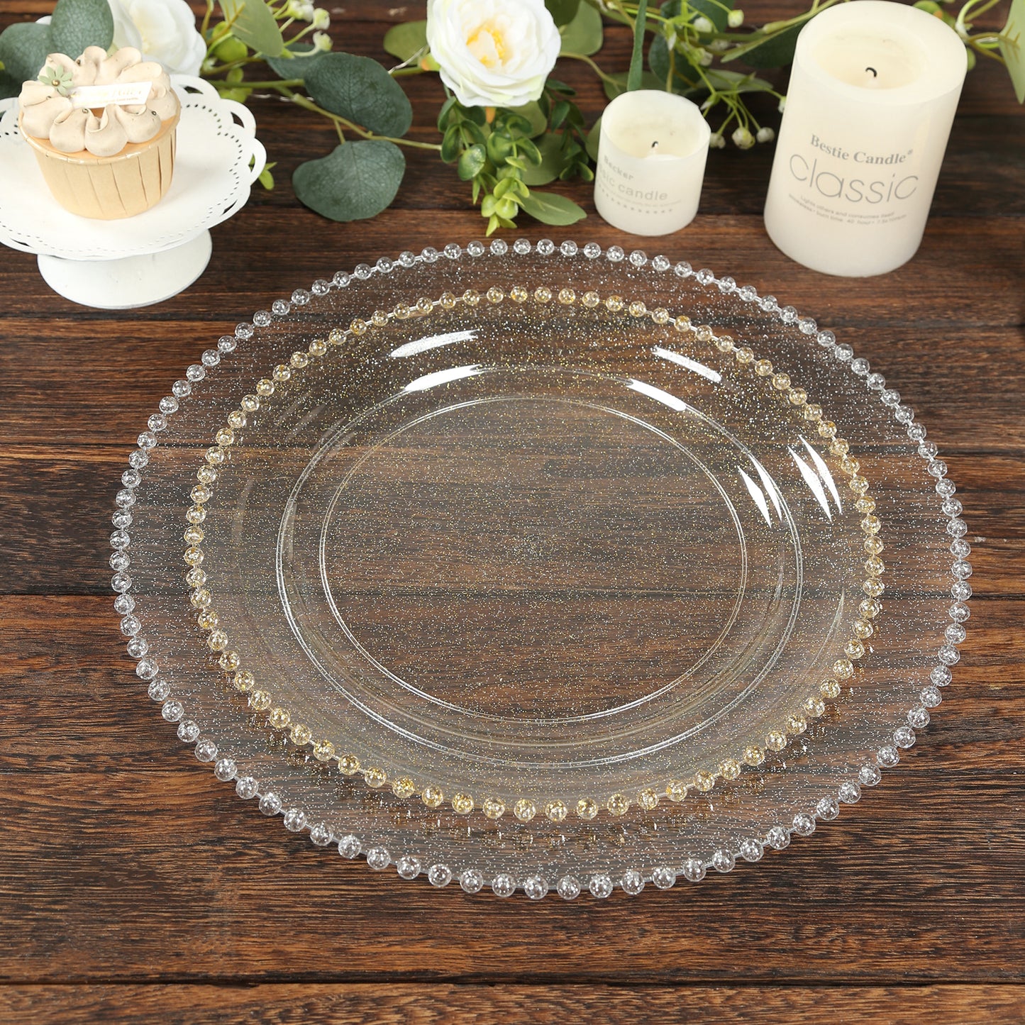 Clear gold glittered round dinner plate with beaded rim.