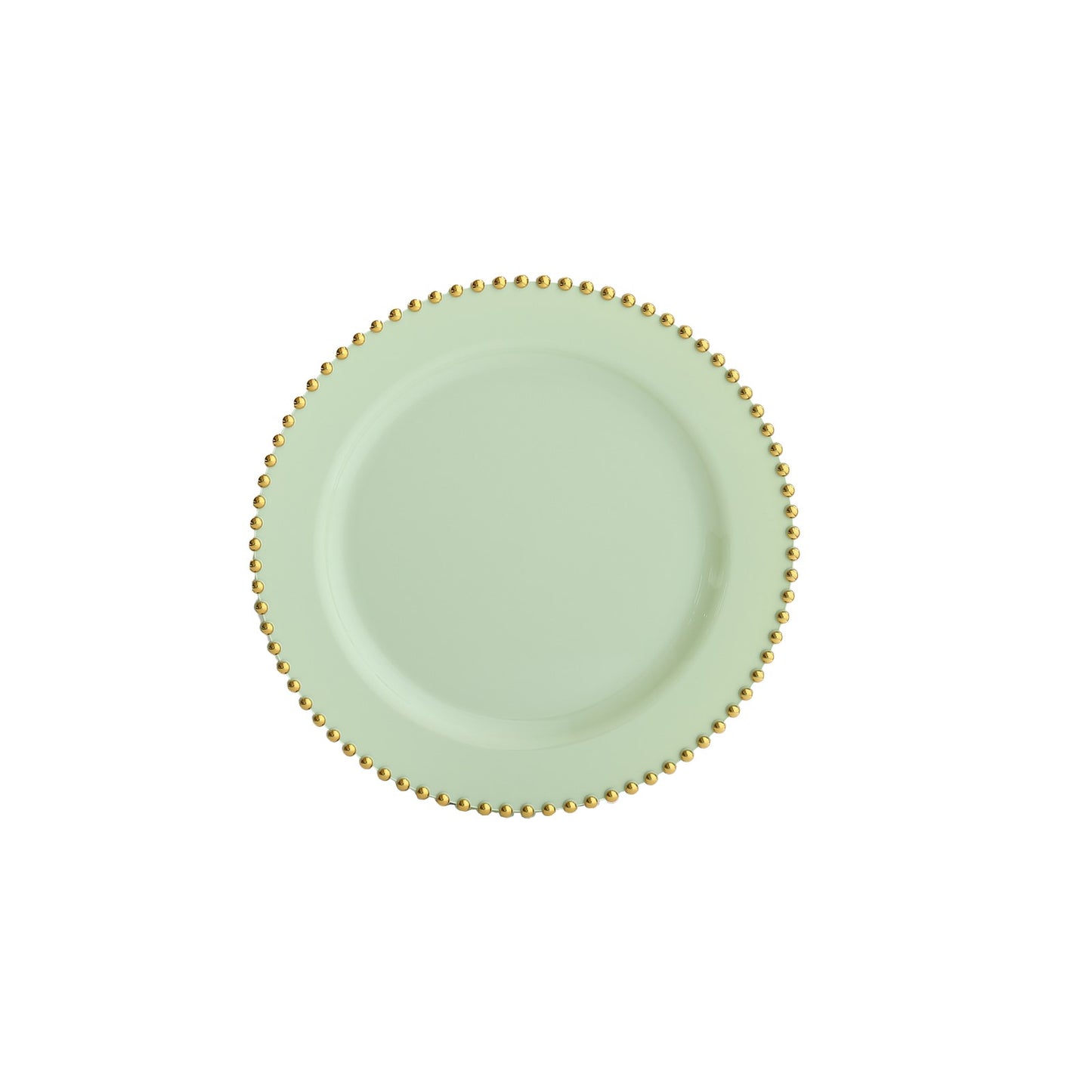 Sage green round dinner plate with gold beaded rim.