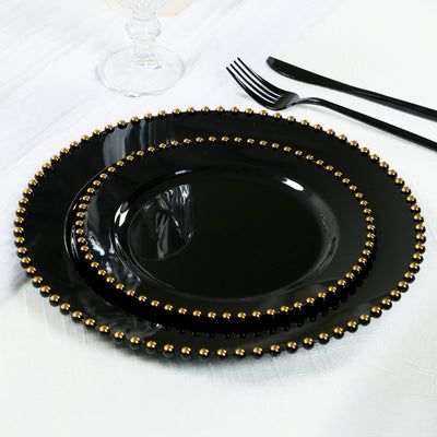 Black Gold Beaded Rim Disposable Round Salad Plates - 8" Black Gold Beaded Rim Disposable Round Salad Plates - 8"