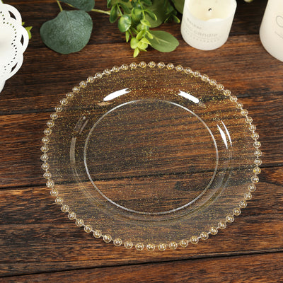 Clear Gold Glittered Dessert Plates with Gold Beaded Rim Clear Gold Glittered Dessert Plates with Gold Beaded Rim