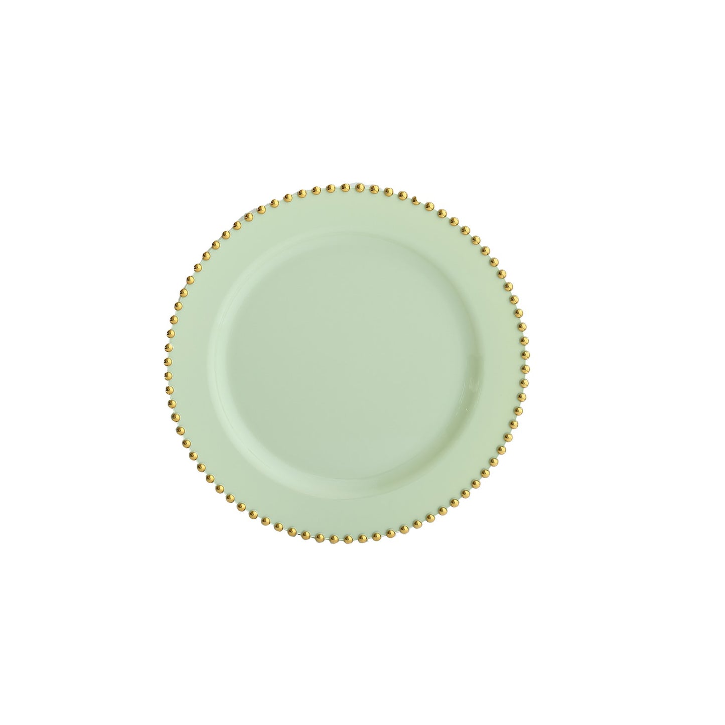 Sage green plastic dessert plate with gold beaded rim, 8" round, disposable.