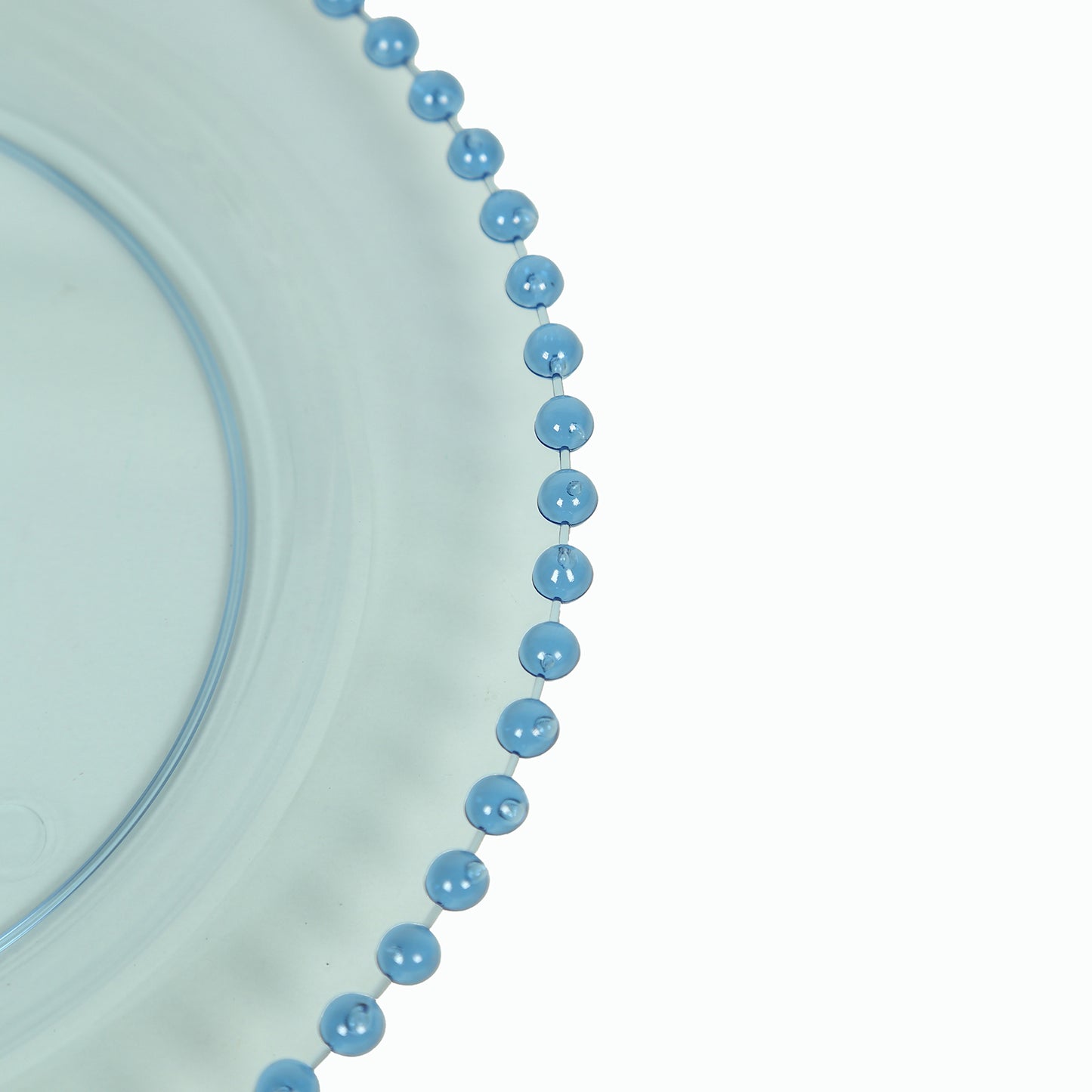 Transparent dusty blue plate with gold beaded rim. Perfect for parties.