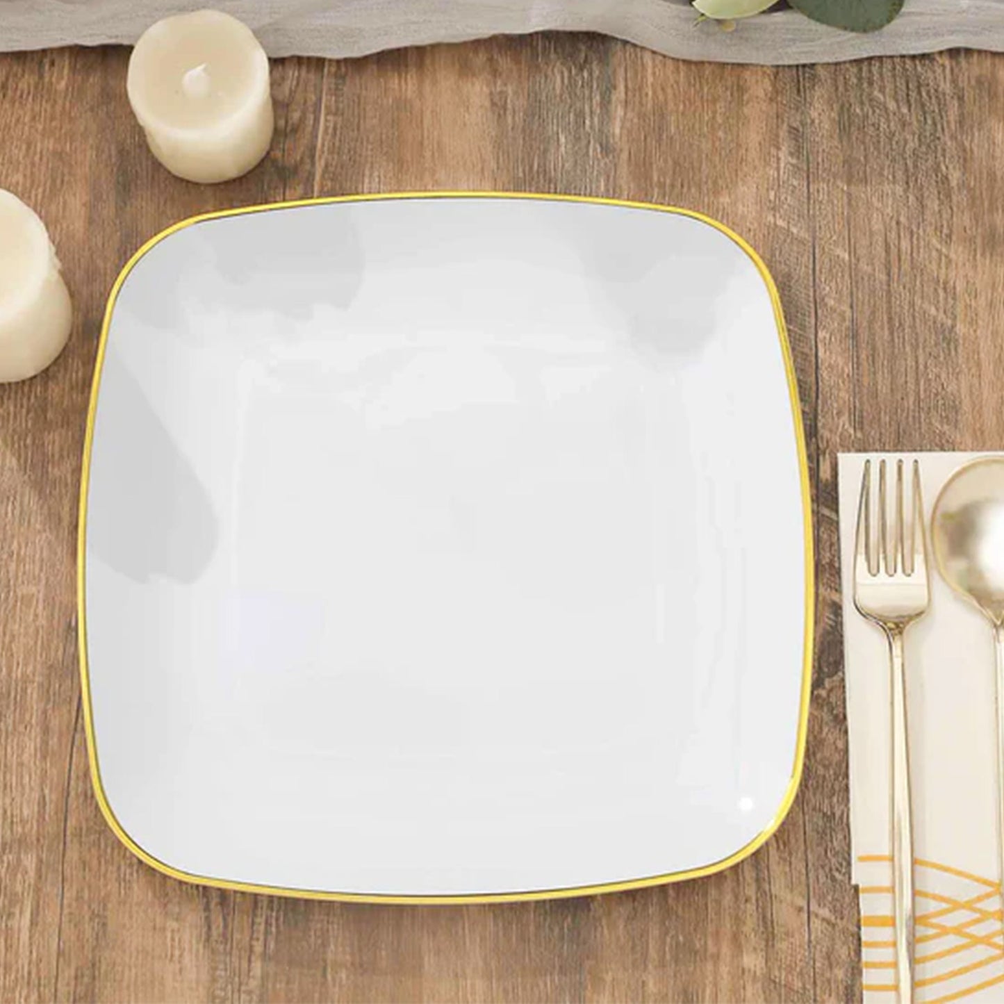 10 Pack | 10" White with Gold Rim Square Plastic Dinner Plates, Disposable Lunch Party Plates