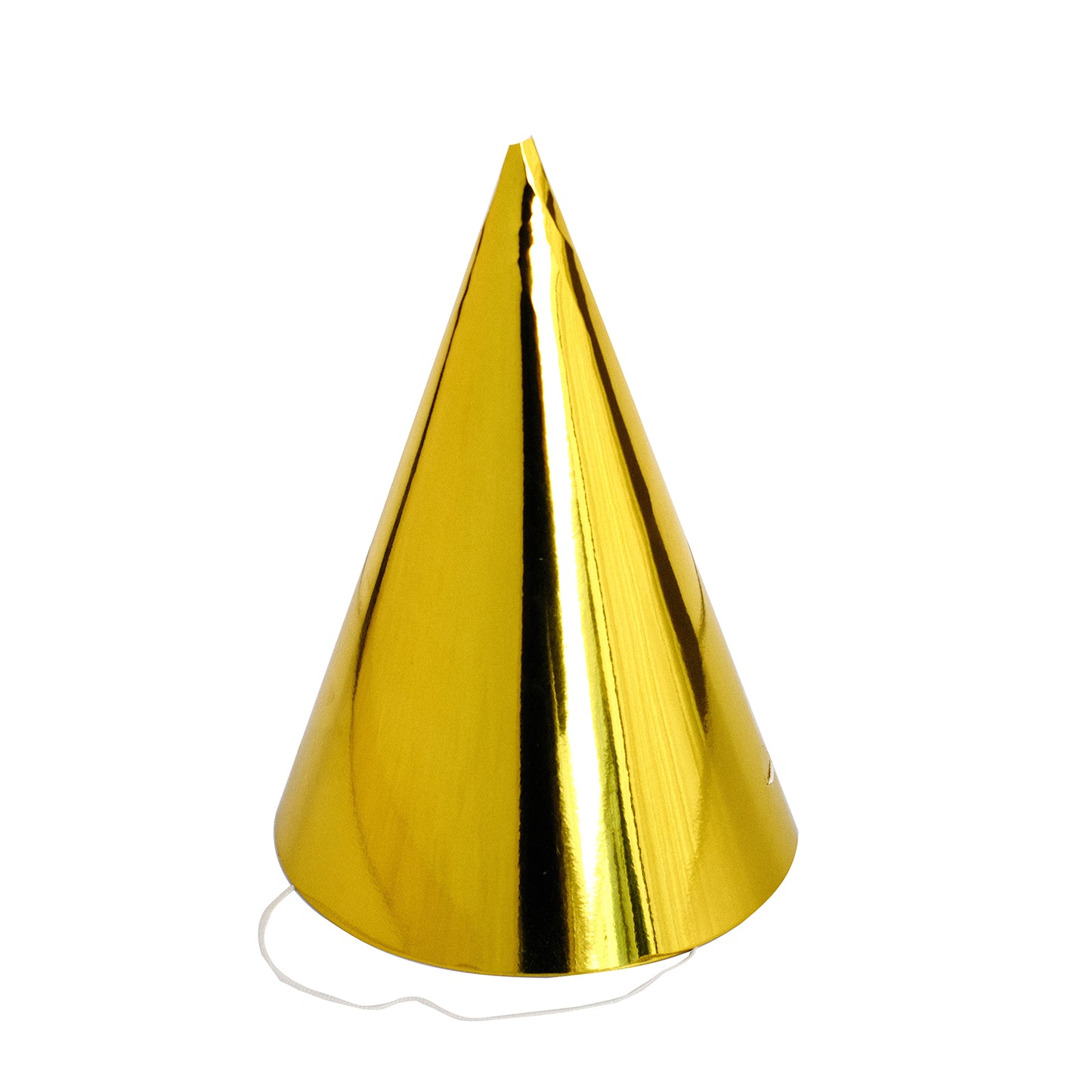 Gold metallic party hat, perfect for celebrations and birthdays.