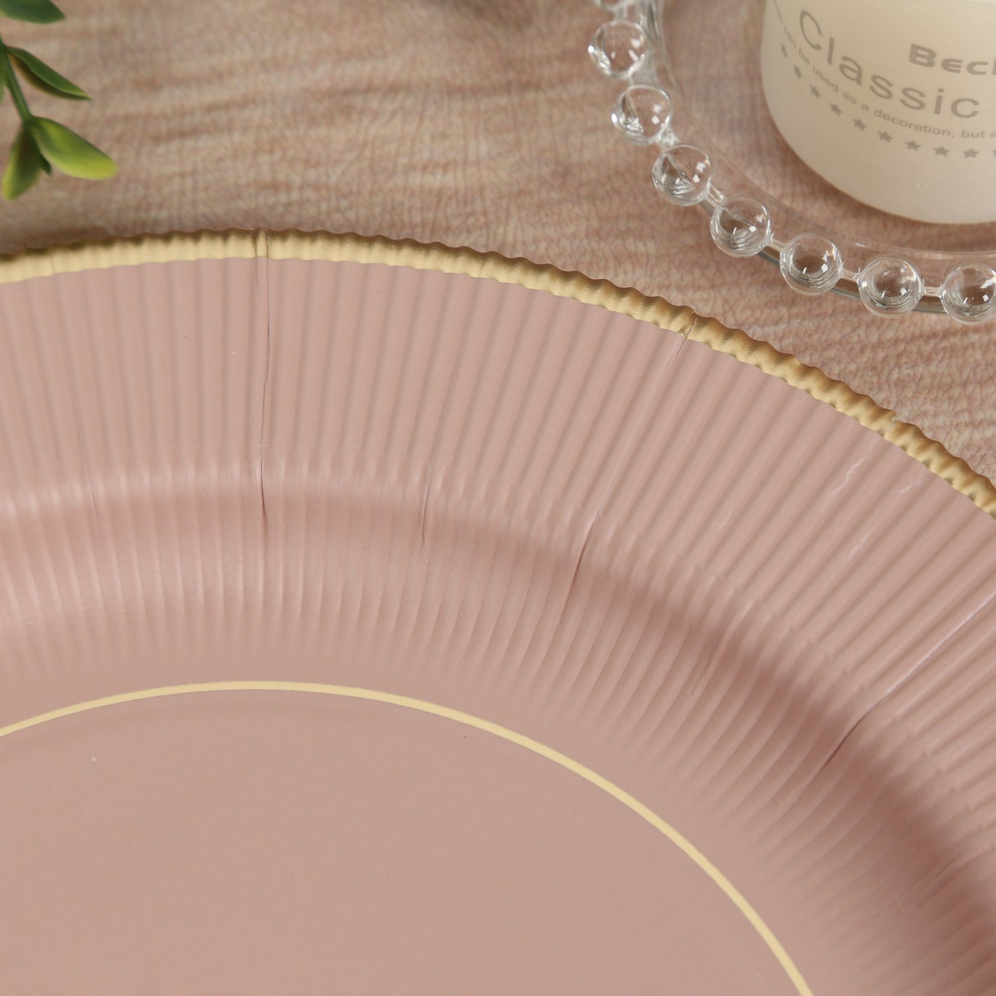 25-Pack Paper 10" Round Dinner Plates in Dusty Rose Sunray Design with Gold Rim - Disposable Heavy Duty 350GSM Party Plates