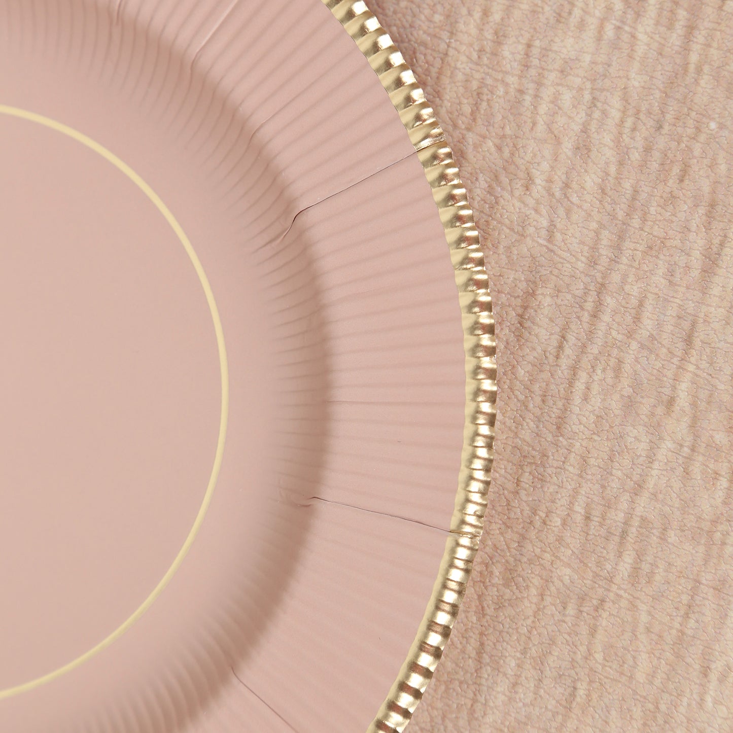 25-Pack Paper 8" Round Dessert Plates in Dusty Rose Sunray Design with Gold Rim - Disposable Heavy Duty 350GSM Appetizer Salad Plates