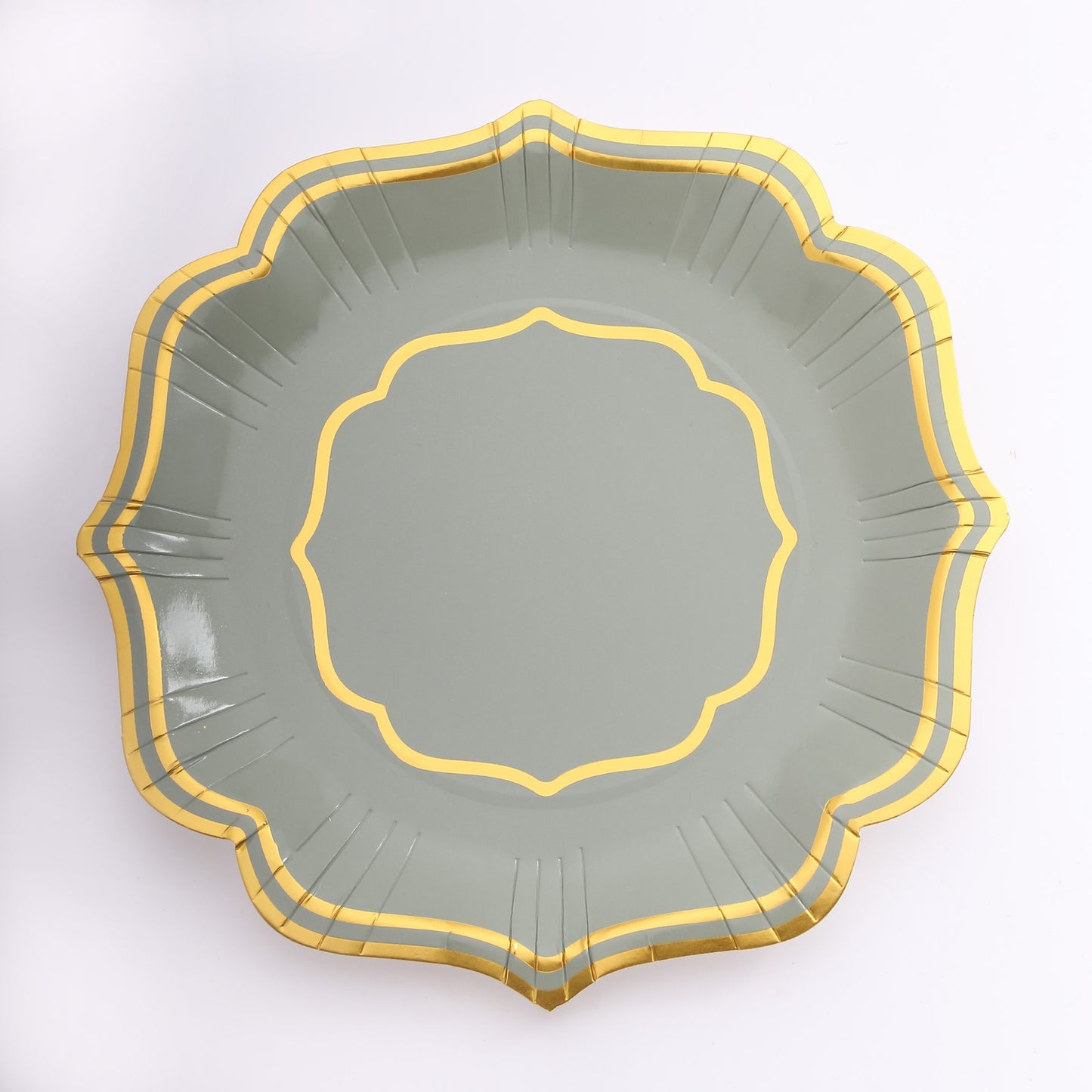 25 Pack Sage Green Disposable Party Plates With Scalloped Gold Rim, 10" Dinner Paper Plates - 300 GSM