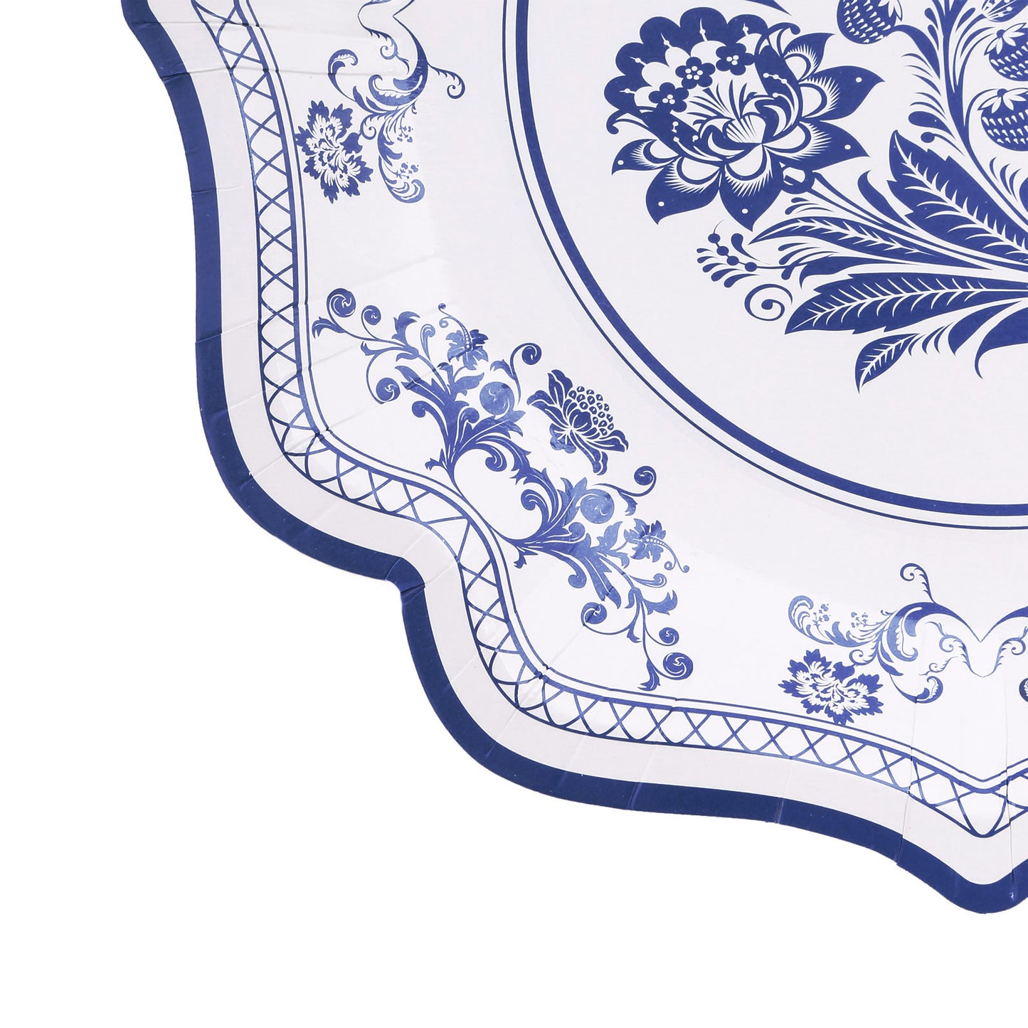 White and light blue damask floral print paper dinner plate with scallop rim.