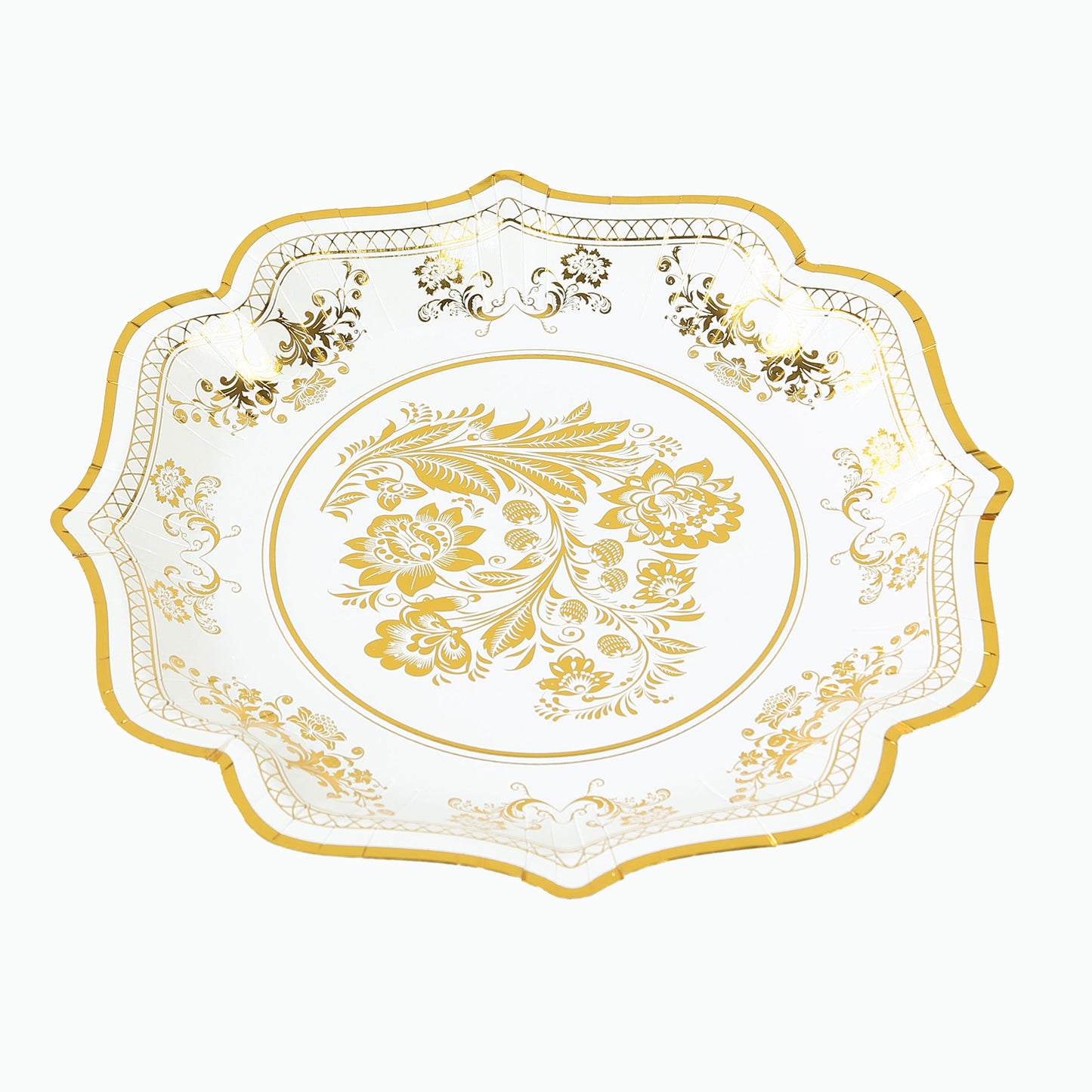 25-Pack Paper Dinner Plates in White Gold Damask Floral Print & Scallop Rim - Stylish Disposable 300GSM Floral Party Plates 10"
