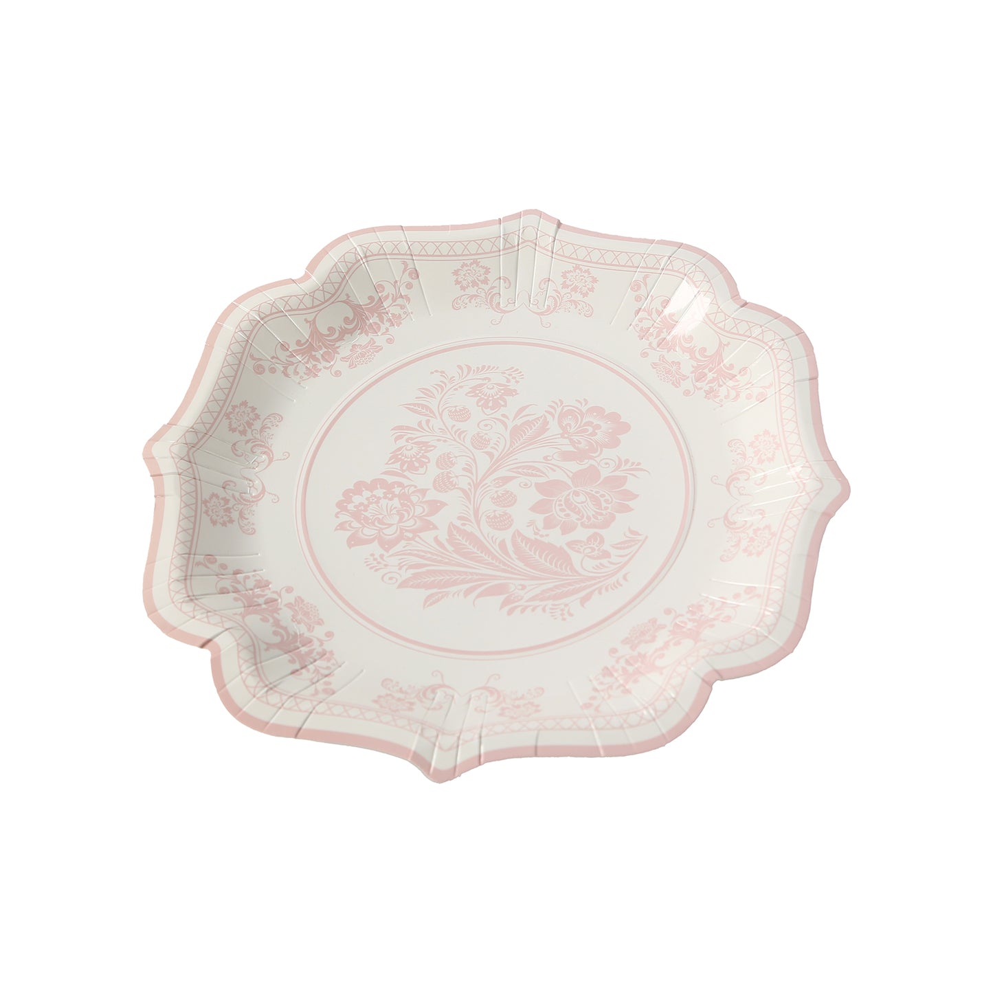 25 Pack White Pink Disposable Salad Plates in Damask Floral Pattern, 8" Round Appetizer Dessert Paper Plates with Scalloped Rims - 300 GSM